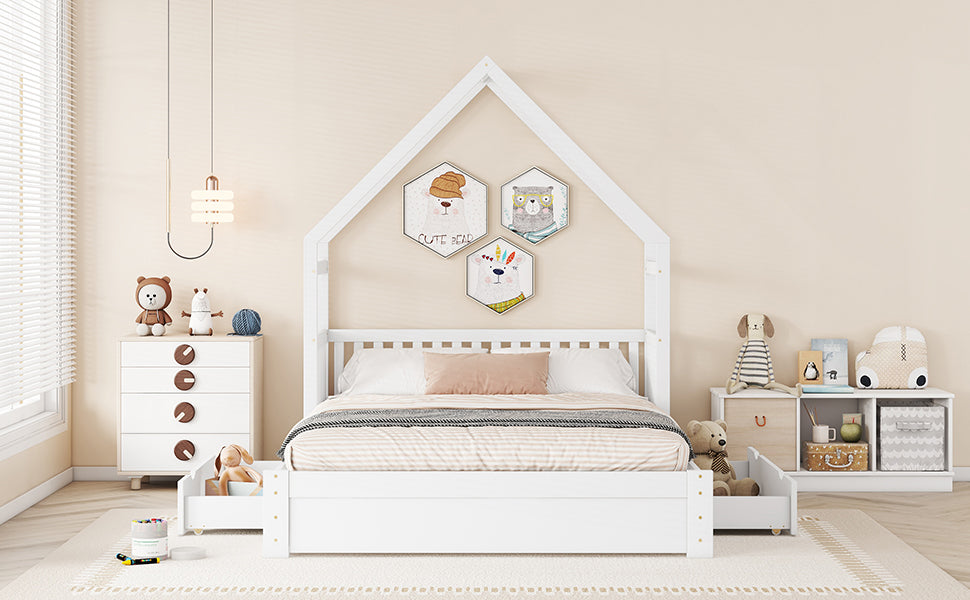 Wood Queen Size House Platform Bed With Guardrail And 2 Drawers, White Box Spring Not Required Queen White Wood Bedroom Bed Frame Solid Wood Mdf