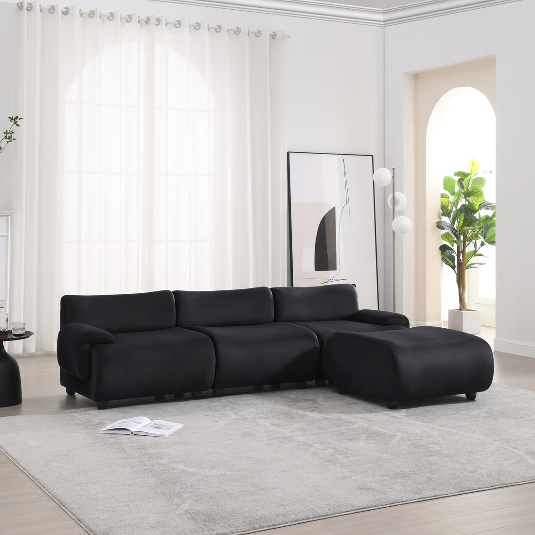 105" Lambswool Large 3 Seater Couch, Modern Modular L Shaped Convertible Sectional Sofa With Movable Ottoman, Deep Seat Cloud Couches For Living Room Apartment Office Black Black Solid Wood 4 Seat