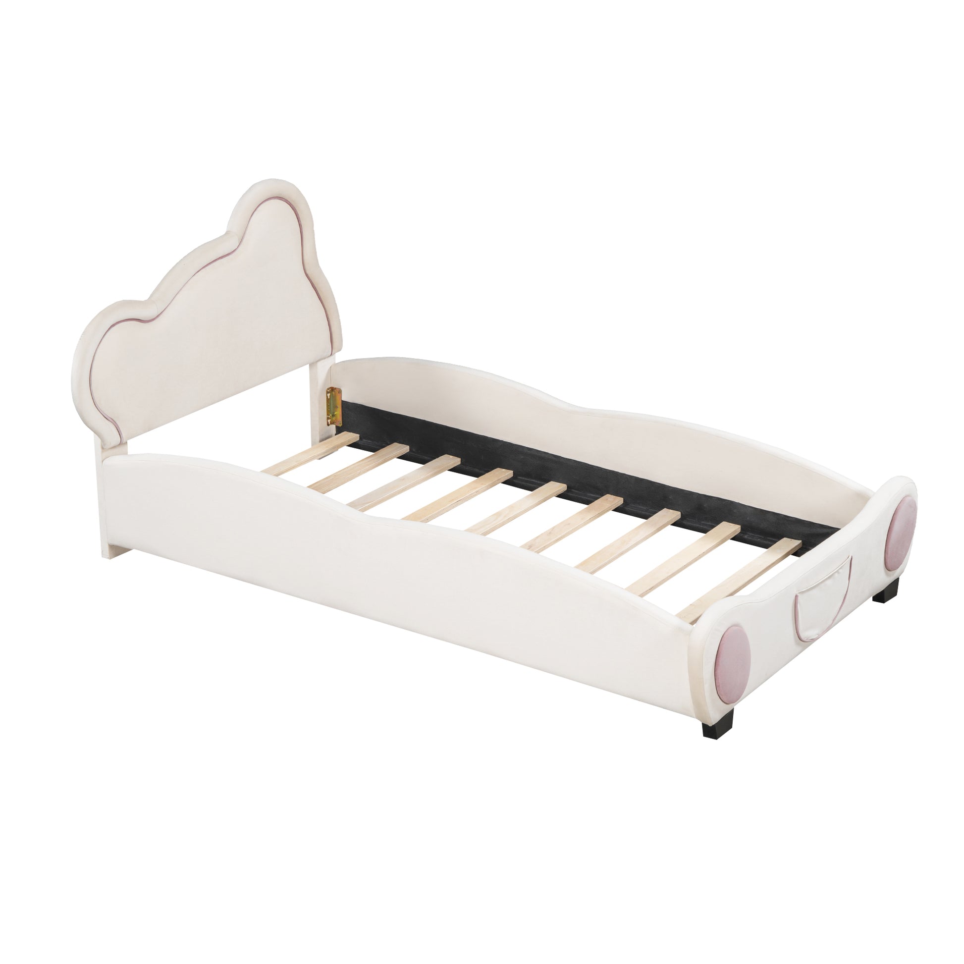 Twin Size Velvet Platform Bed With Bear Shaped Headboard, With Bed End Storage Pocket, Beige Twin Beige Plywood