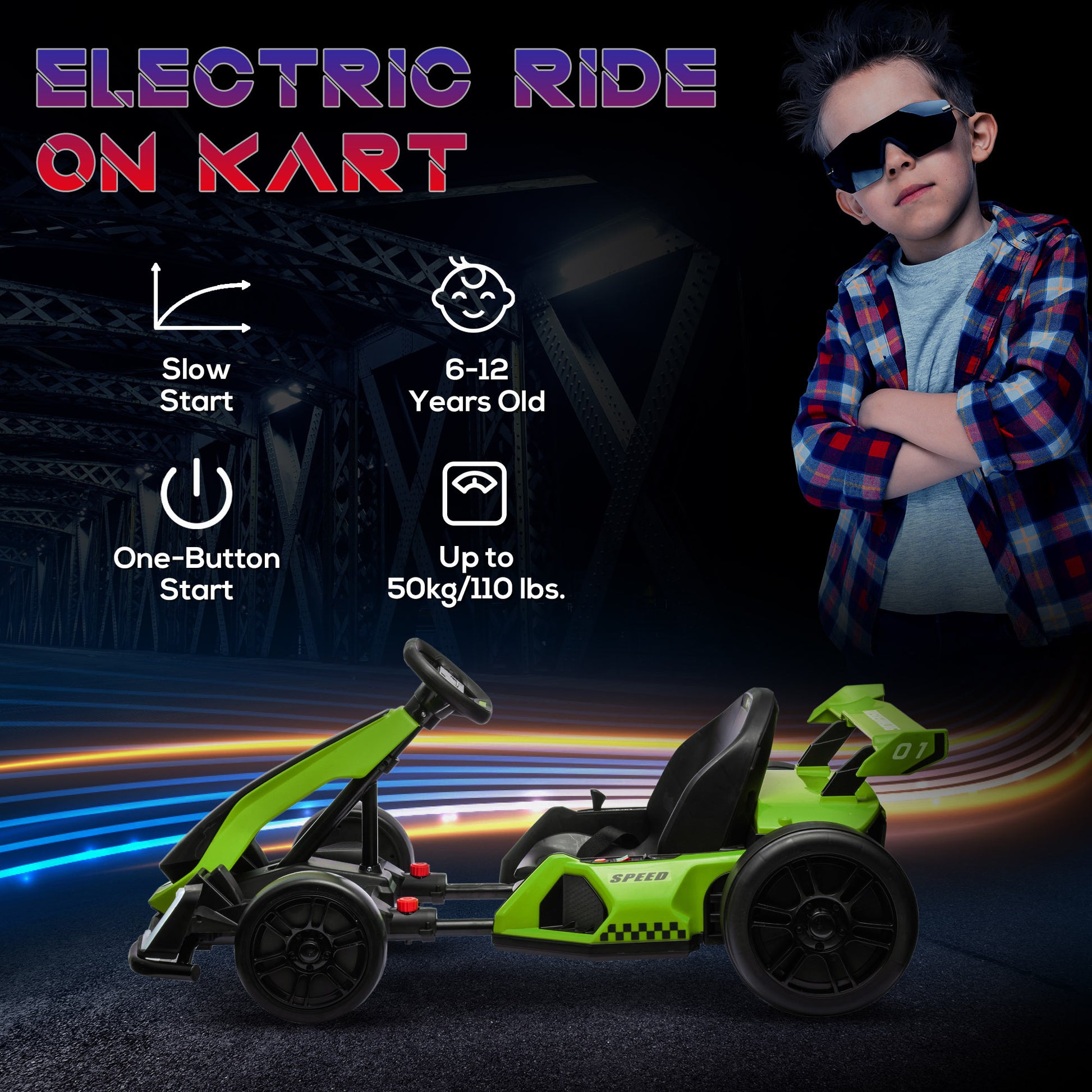 Aosom 24V 7.5 Mph Electric Go Kart With Adjustable Seat, Drifting Car Battery Powered Ride On Toy Outdoor With Slow Start, Button Start, Music, Honking Horn, Lights, For 6 12 Years Old, Green Green Iron Plastic