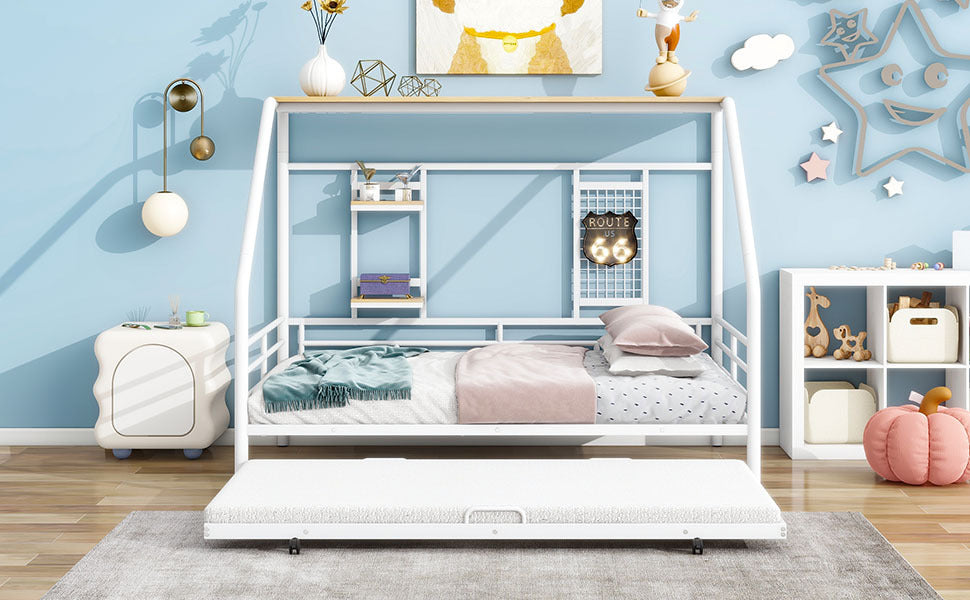 Full Size Metal House Bed With Trundle, White Full White Metal