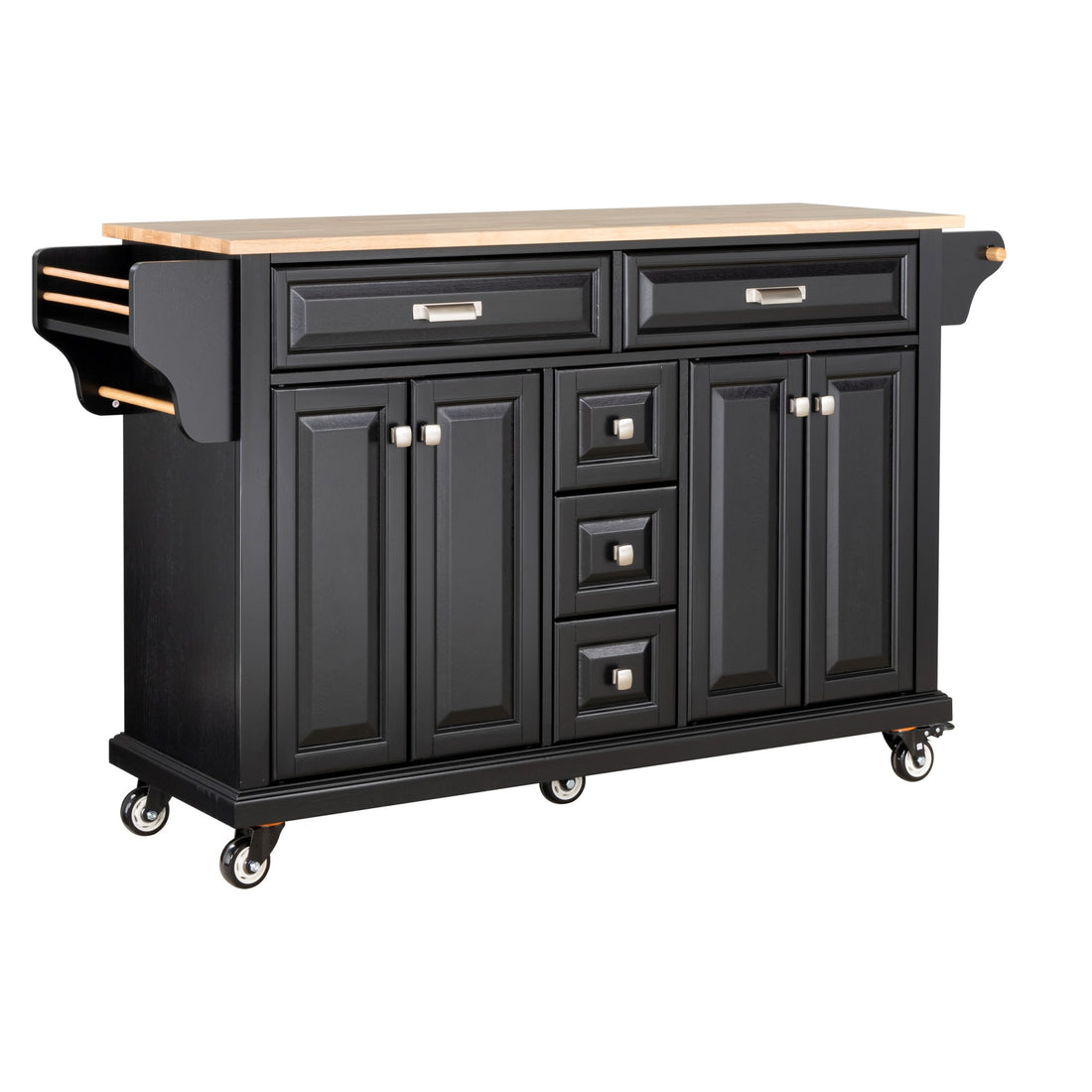 Kitchen Island With Rubber Wood Countertop, Kitchen Cart On 5 Wheels With Storage Cabinet And 5 Drawers For Dinning Room, Black Black Dining Room Rectangular Rubberwood Solid Wood Mdf Large 56 In