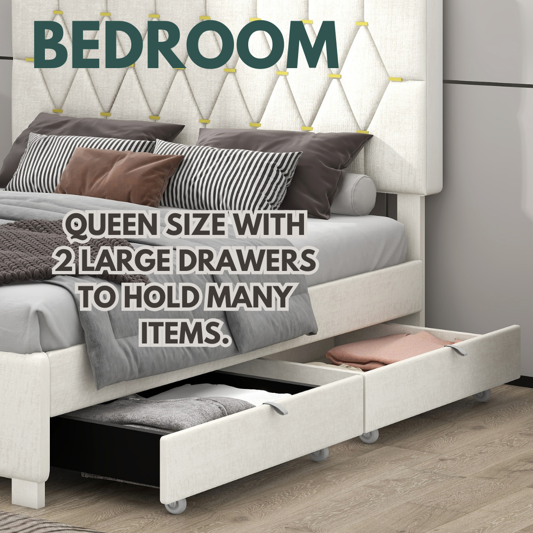 Beige Queen Size Trundle Pull Out Drawers Storage Upholstered Bed Modern Design No Box Spring Required Box Spring Not Required Queen Beige Wood Espresso Bedroom American Design,Casual,Cute,Modern Rubberwood Trundle Bed Included Fiber Foam And Polyester