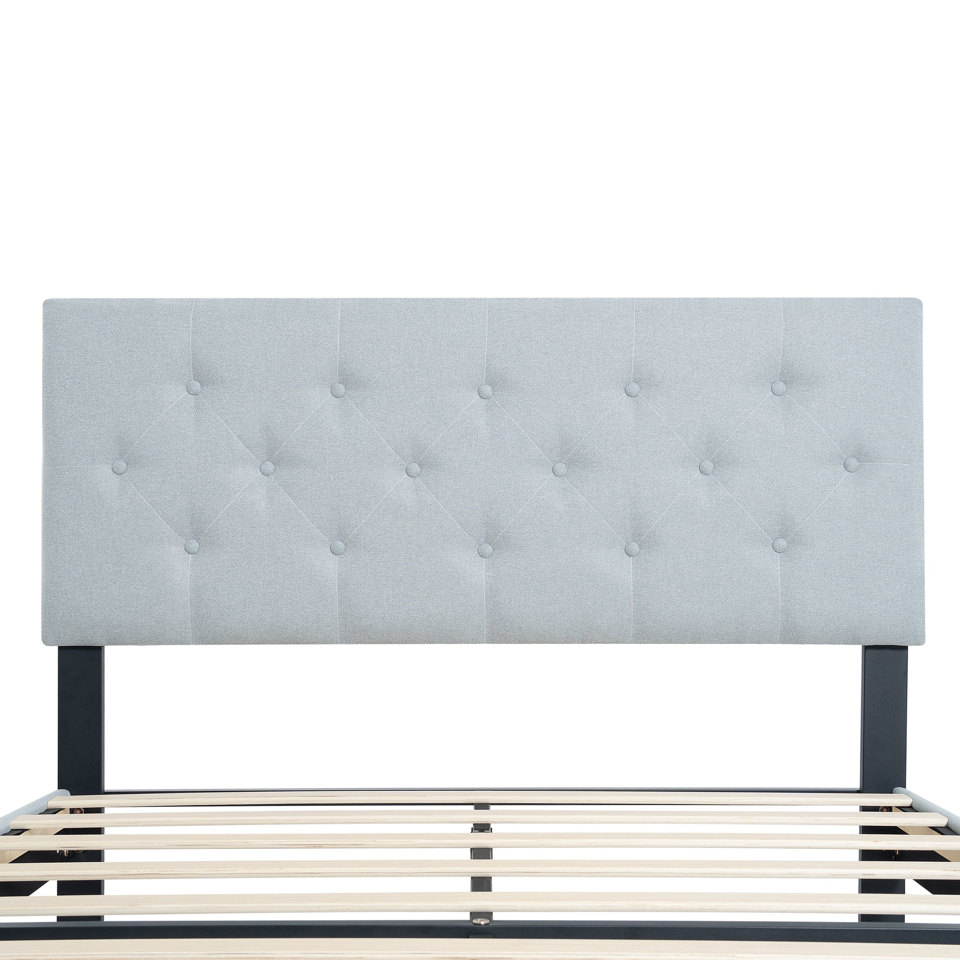 Queen Size Upholstered Platform Bed Frame With Modern Button Tufted Linen Fabric Headboard, No Box Spring Needed, Wood Slat Support, Easy Assembly, Grey Queen Light Grey Linen
