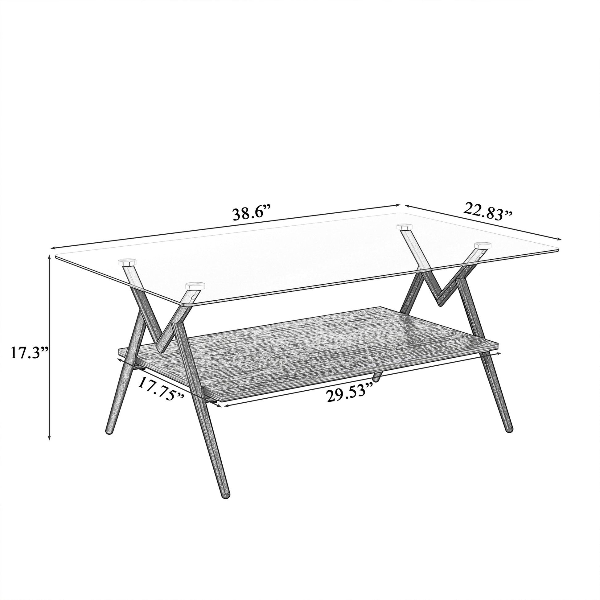 Rectangle Coffee Table With Tempered Glass Top And Black Mdf Shelf, Modern Table For Living Room, Gray Glass Gray Tempered Glass