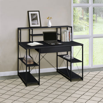 Black Office Desk With Open Shelves And Hutch Black Writting Desk Office Rectangular Shelves Wood Metal Sled