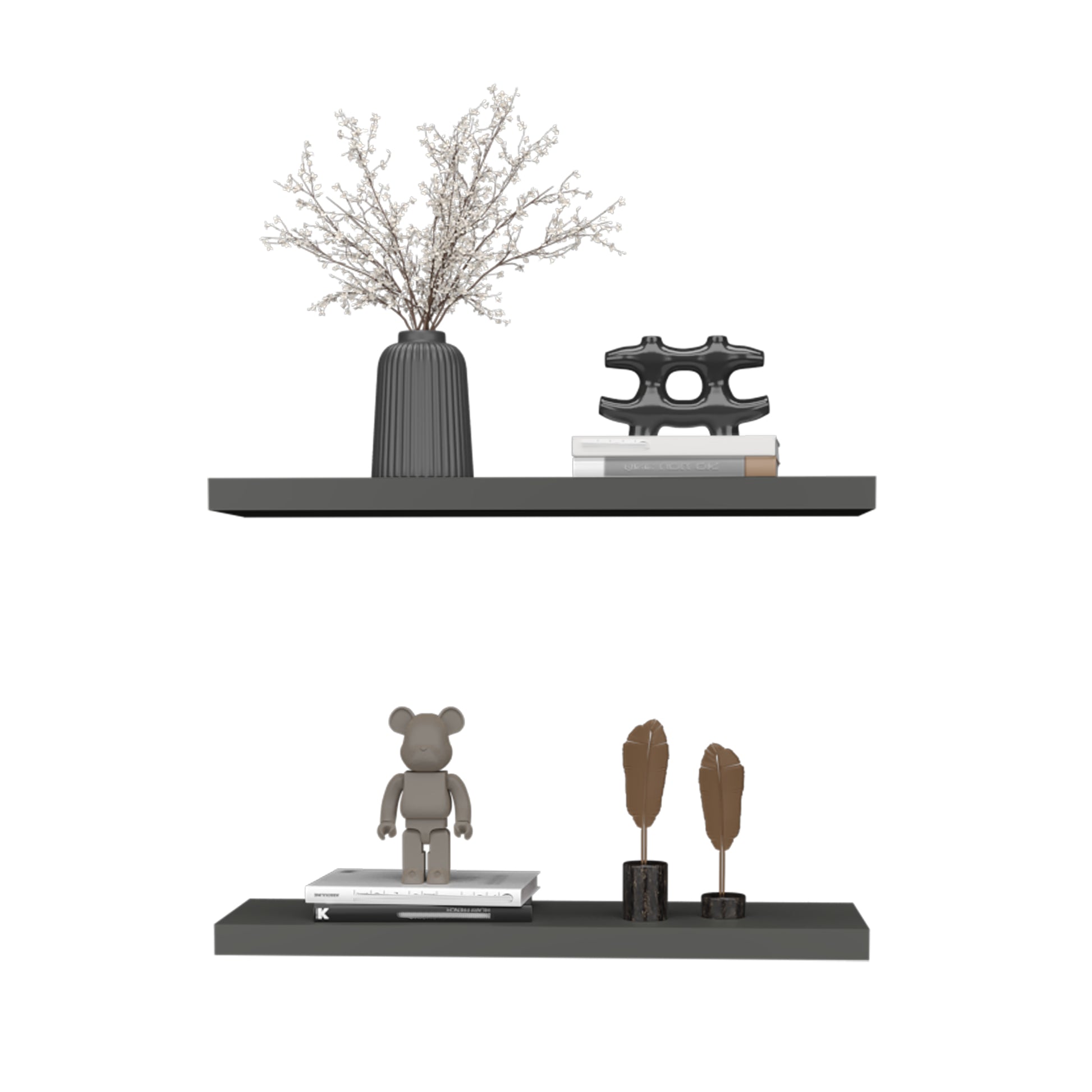 Floating Shelves 1.50" H, 2 Shelves, Matt Gray Grey Solid Wood Mdf Engineered Wood