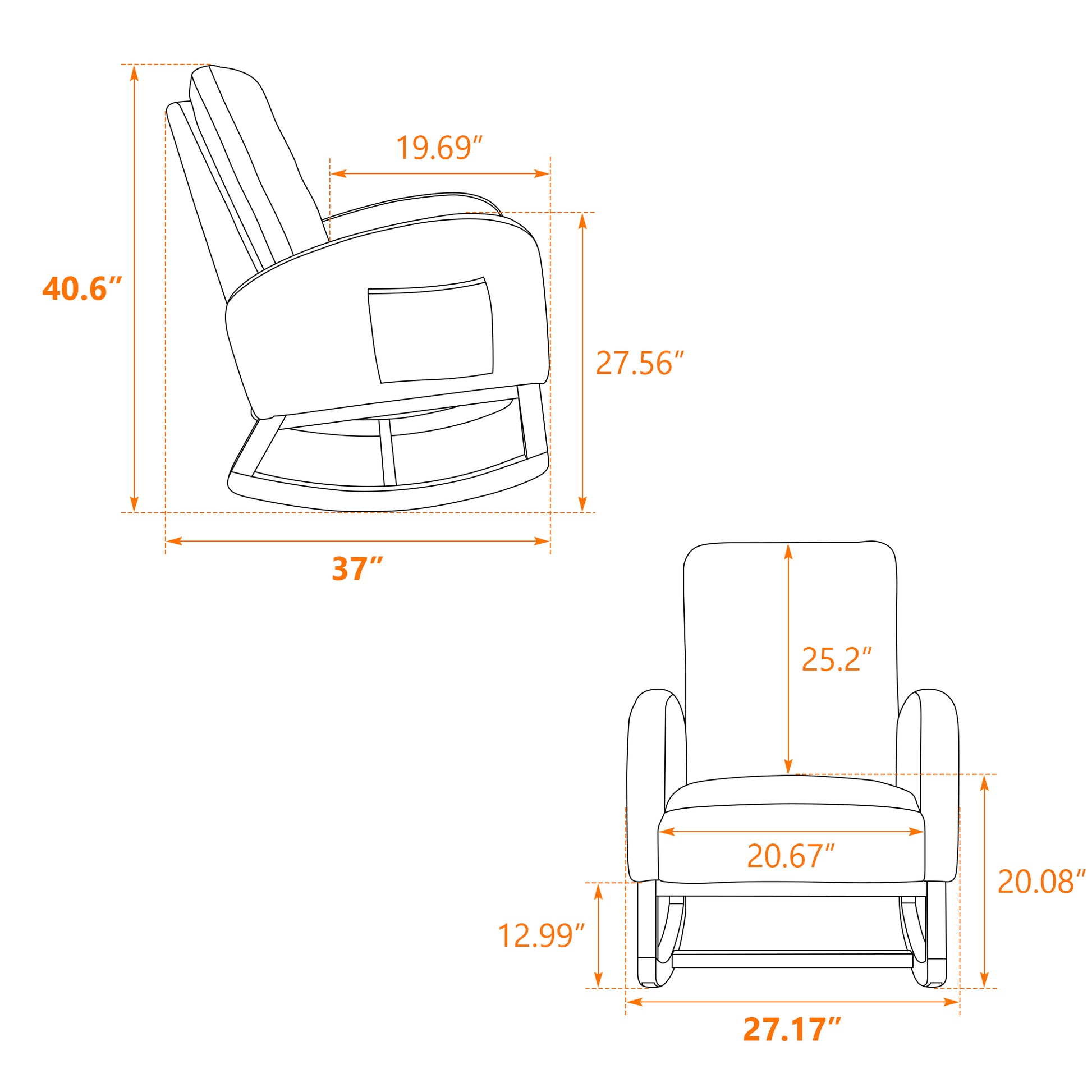 27.2"W Rocking Chair For Nursery, Polyester Glider Chair With High Back And Side Pocket, Rocking Accent Armchair With Rubber Wood Legs For Living Room Bedroom.Black Black Polyester