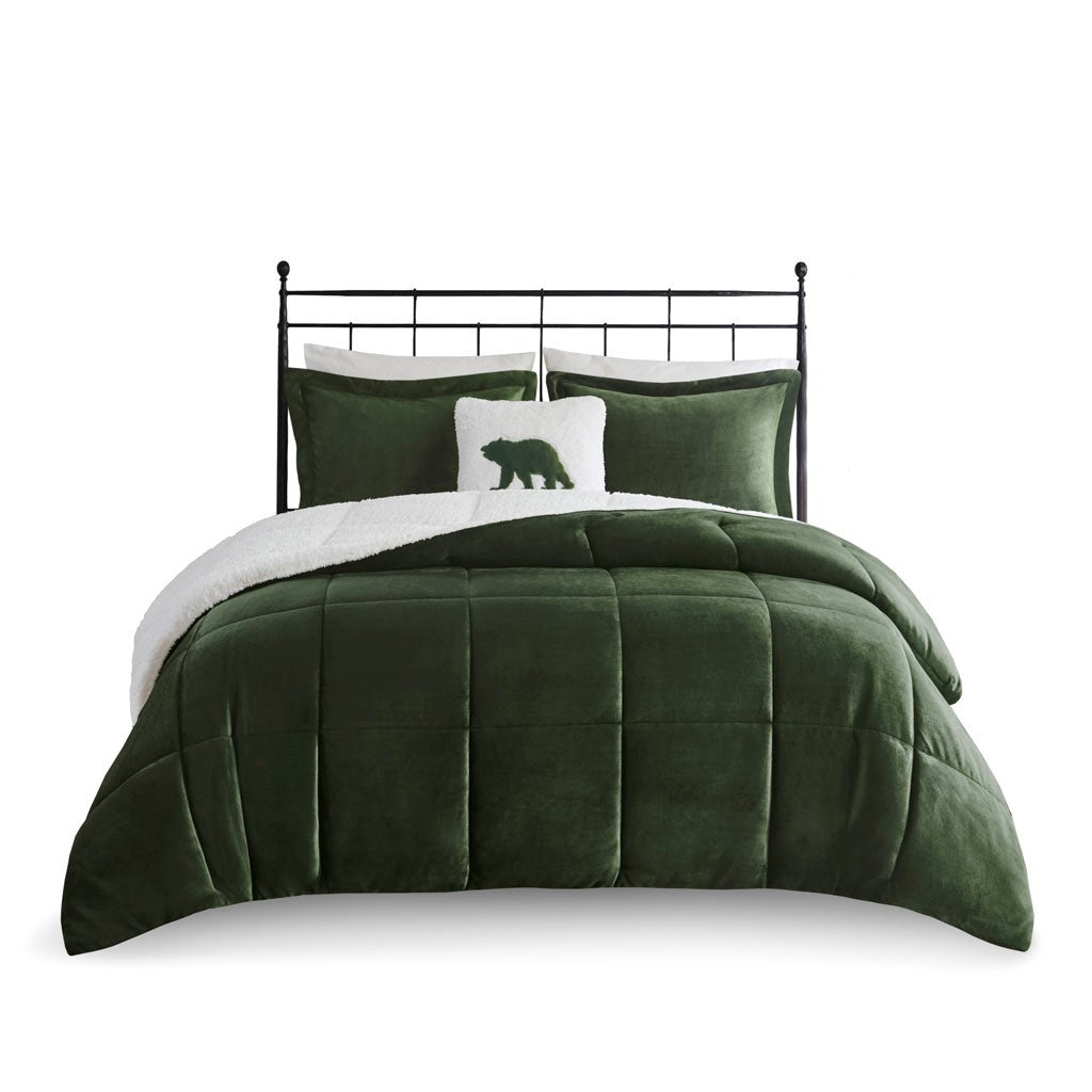 Plush To Sherpa Down Alternative Comforter Set Queen Green Ivory Polyester