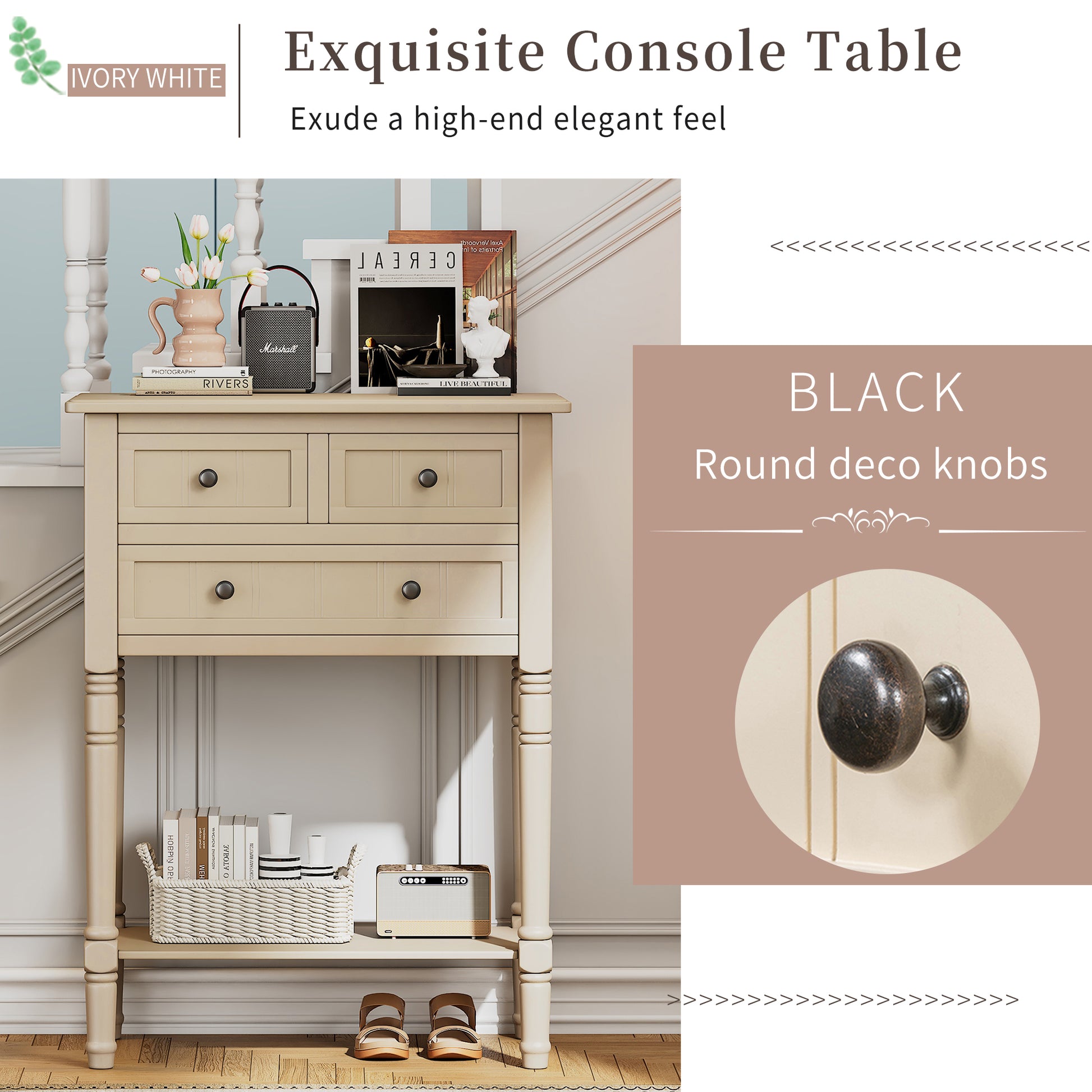 Narrow Console Table, Slim Sofa Table With Three Storage Drawers And Bottom Shelf Beige Beige Solid Wood Mdf