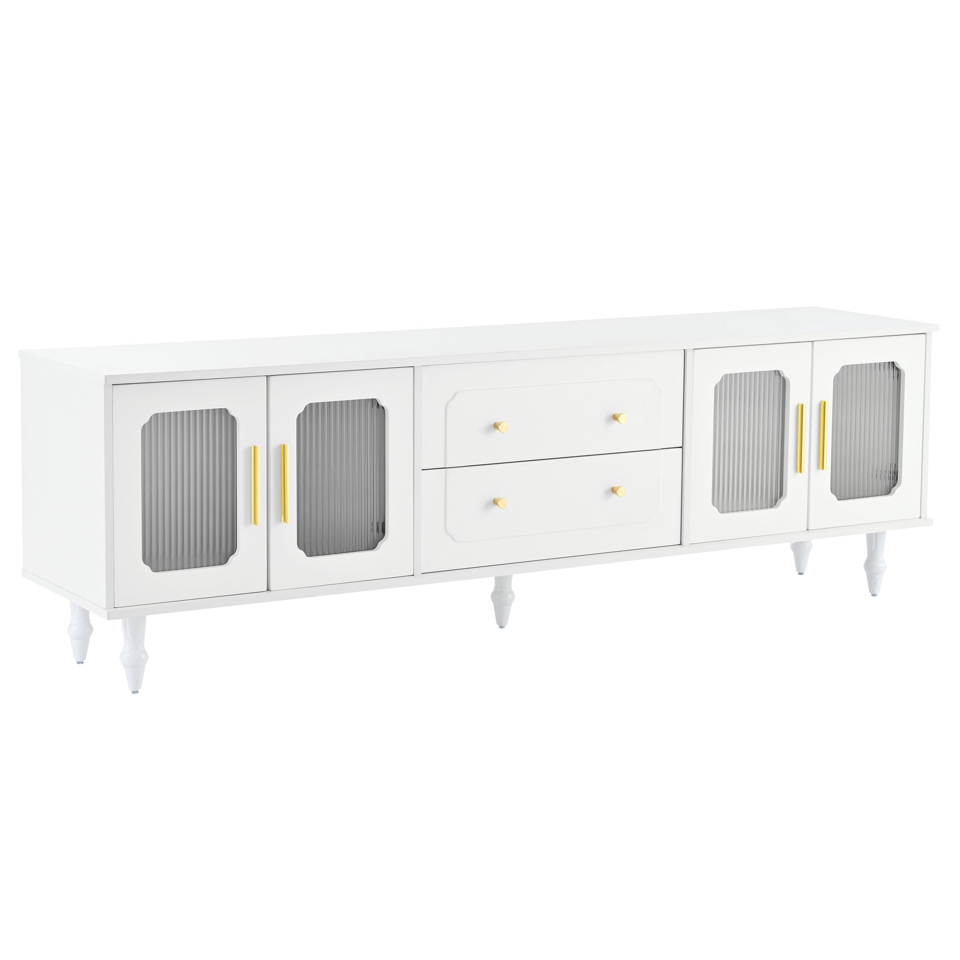 Retro Design Tv Stand With Fluted Glass Doors For Tvs Up To 78'', Practical Media Console With 2 Drawers And Cabinets, Elegant Entertainment Center For Living Room, White White Primary Living Space 70 79 Inches 70 79 Inches Particle Board