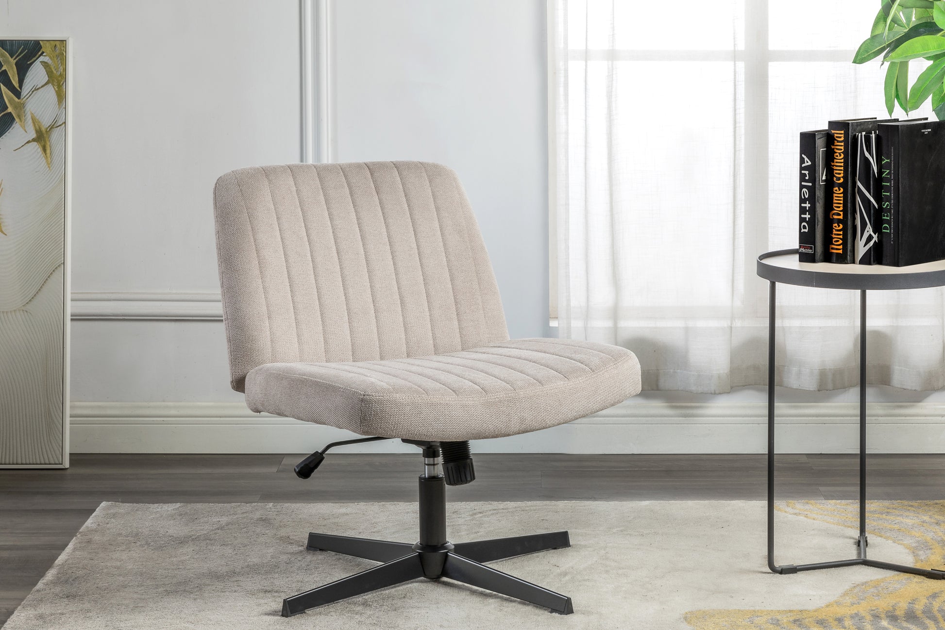 Cross Legged Office Chair, Wide Comfty Desk Chair, Fabric Vanity Home Chair,Armless Computer Task Chair With Wheels, Swivel And Height Adjustable Beige Fabric