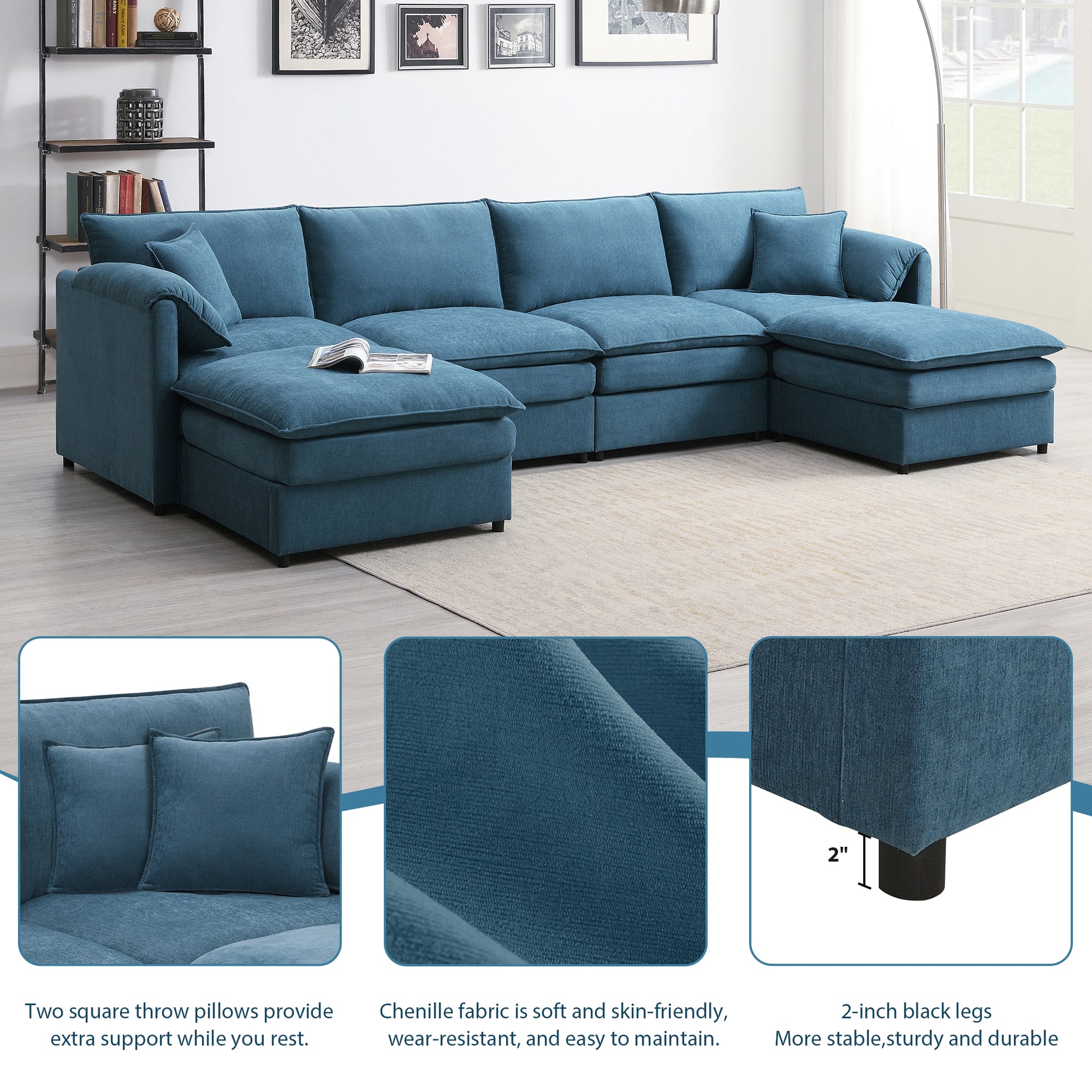 134*66" Chenille Modular Sectional Sofa,U Shaped Cloud Couch Set With Double Cushions ,6 Seat Sleeper Sofa Bed With Ottomans,Oversized Indoor Furniture For Living Room, 3 Colors Blue Chenille 6 Seat