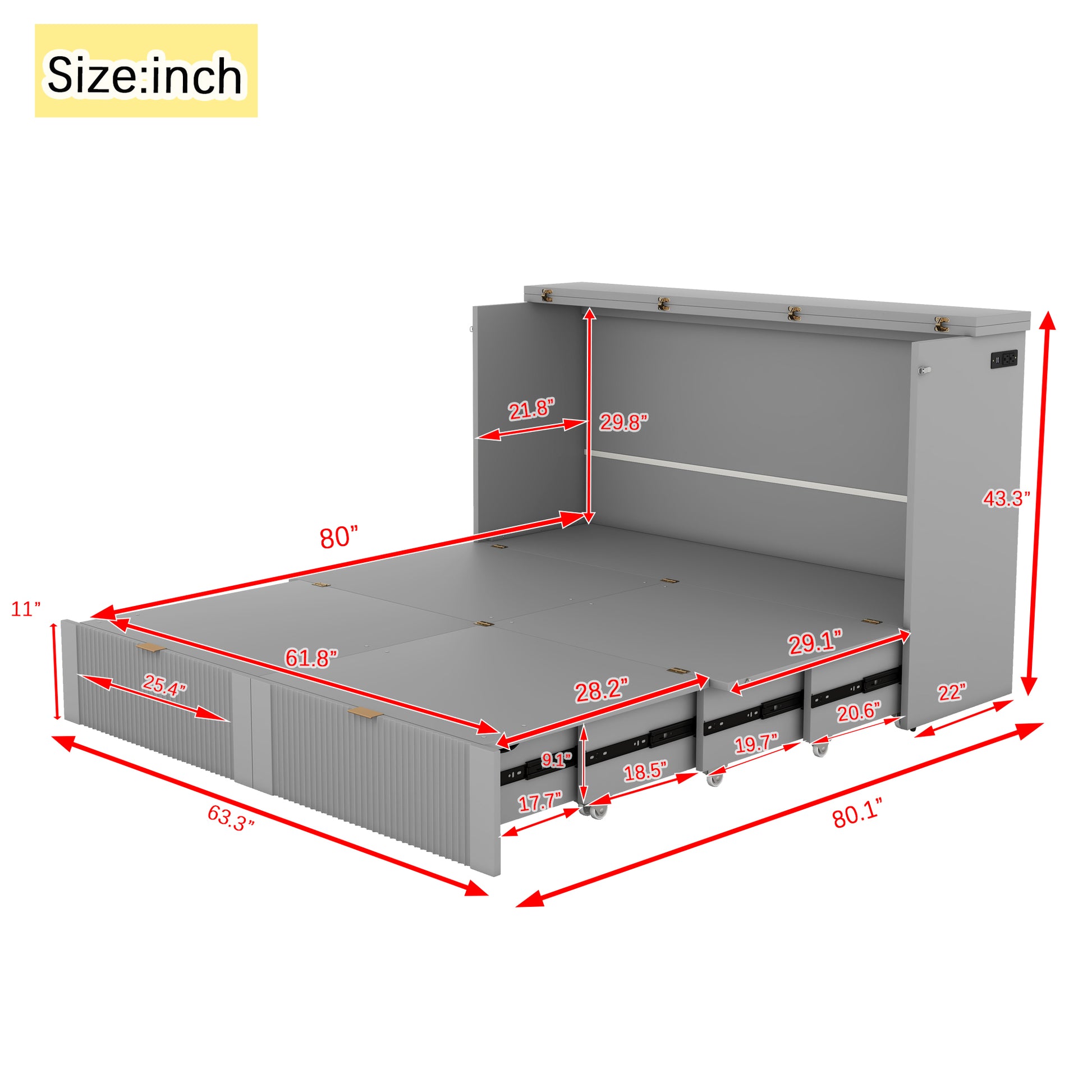 Queen Size Murphy Bed Wall Bed With Drawer And A Set Of Sockets & Usb Ports, Pulley Structure Design, Gray Queen Gray Plywood