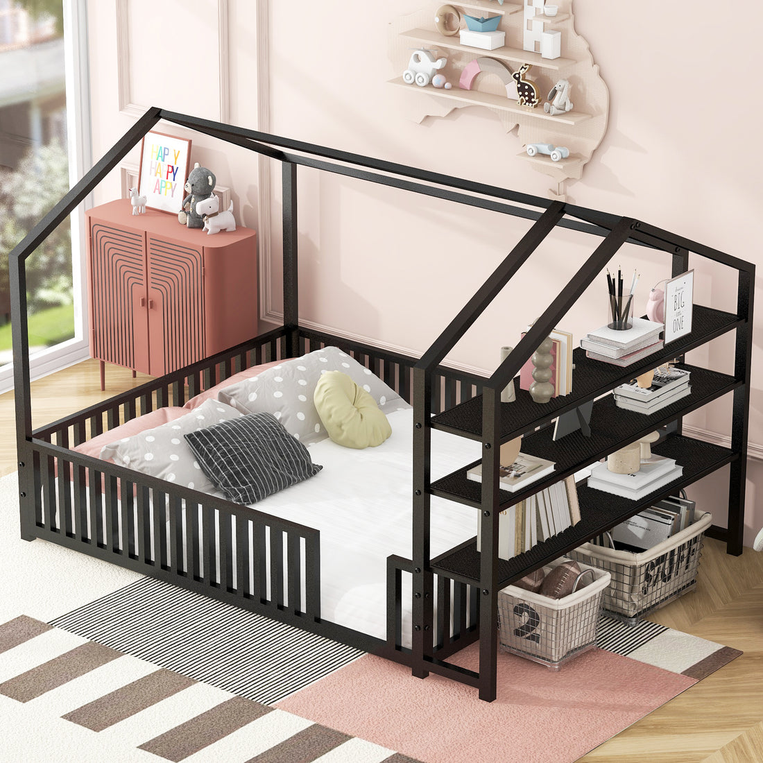 Full Size Metal House Bed With Fence And Detachable Storage Shelves, Black Full Black Metal