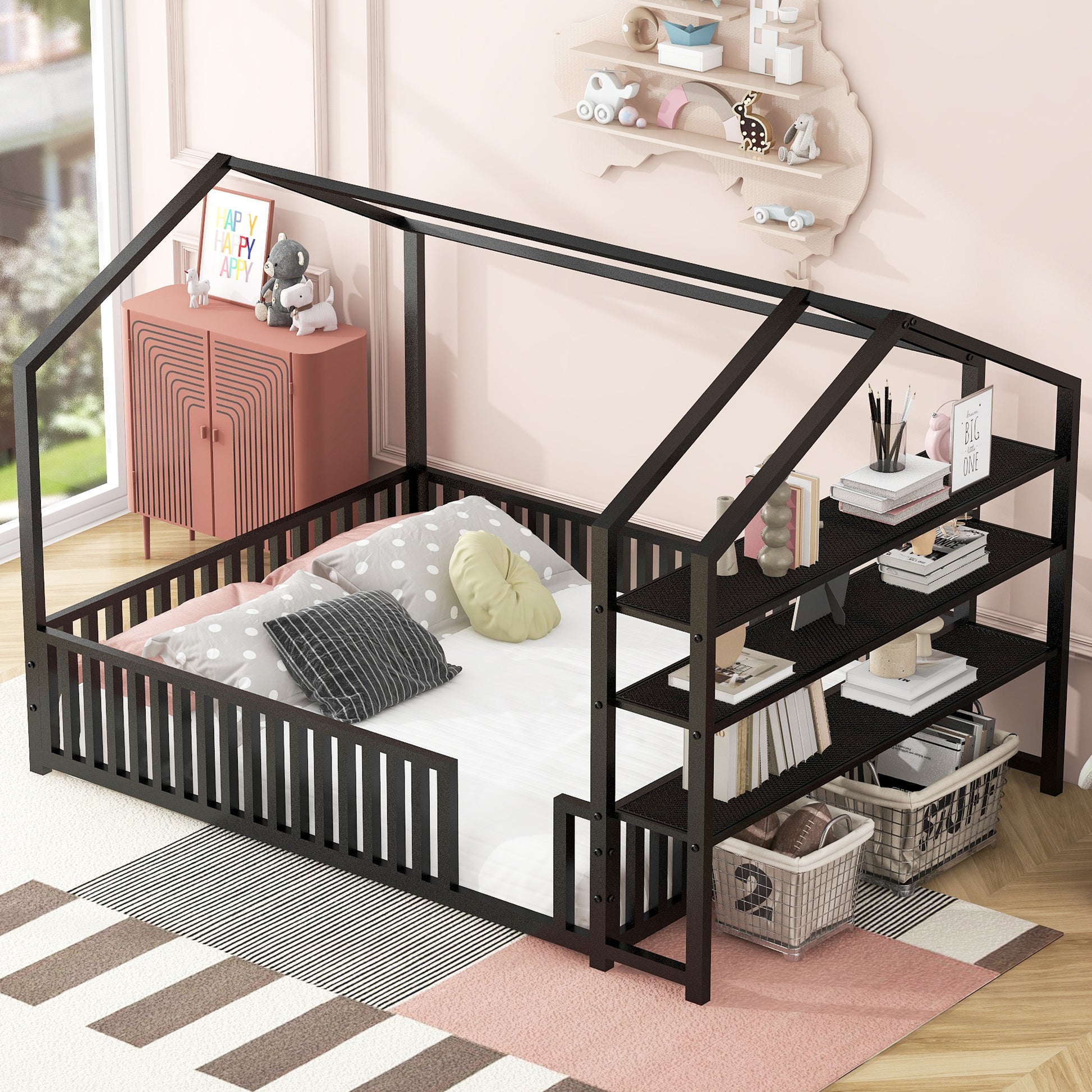 Full Size Metal House Bed With Fence And Detachable Storage Shelves, Black Full Black Metal