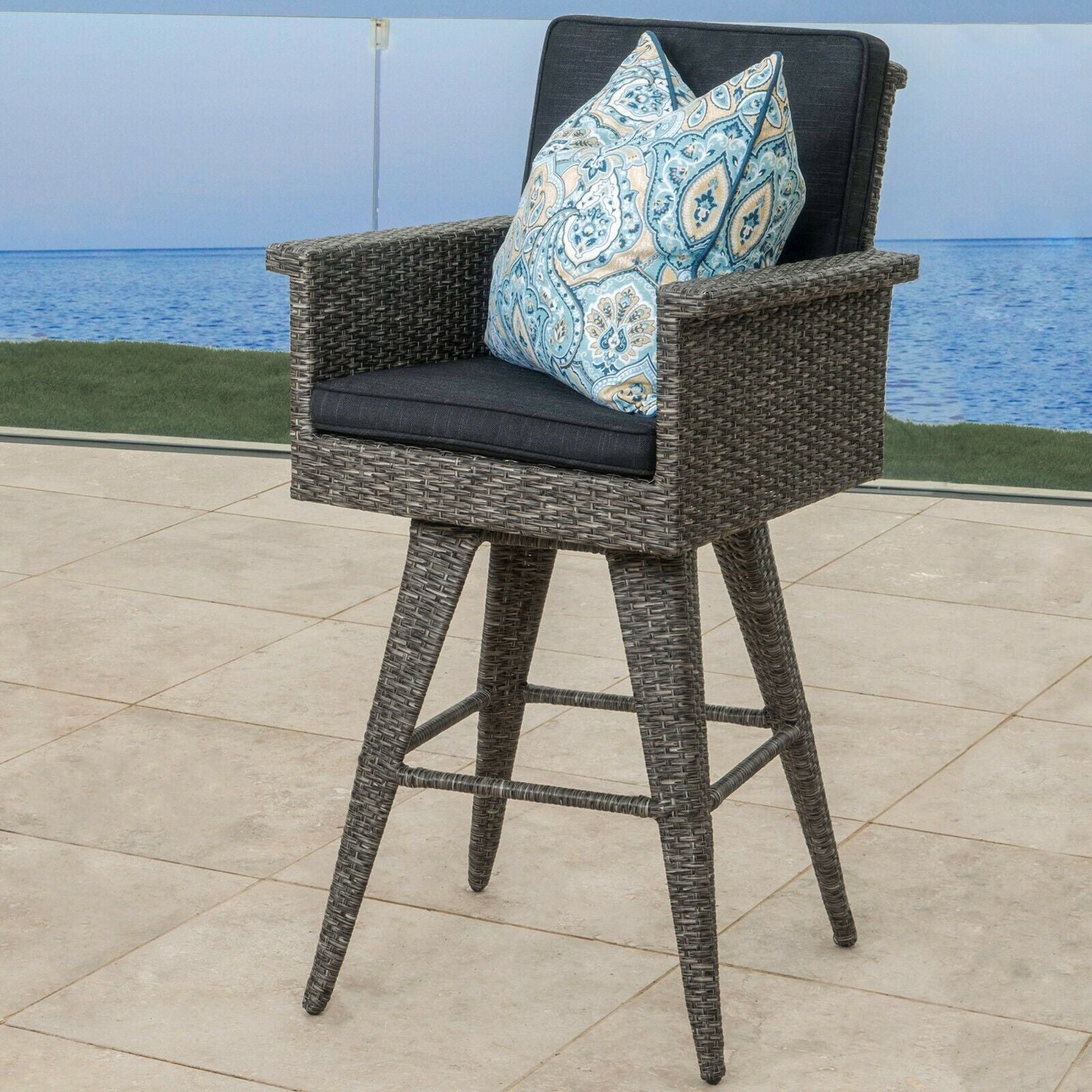 30" Outdoor Wicker Barstool With Water Resistant Cushions 1Pc Black Gray Pe Rattan Iron Waterproof Fabric