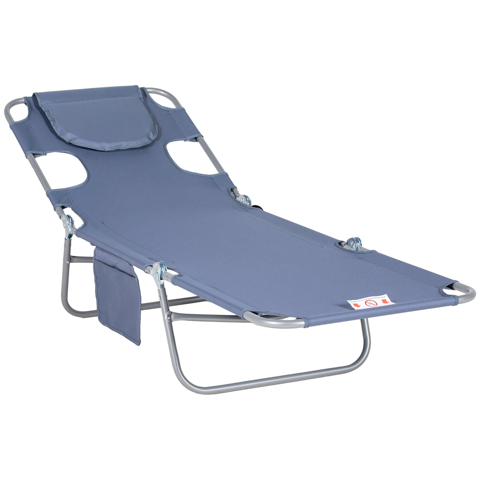 Outsunny Folding Beach Lounge Chair With Face Hole And Arm Slots, 5 Level Adjustable Sun Lounger Tanning Chair With Pillow For Patio, Garden, Beach, Pool, Gray Gray Oxford Fabric