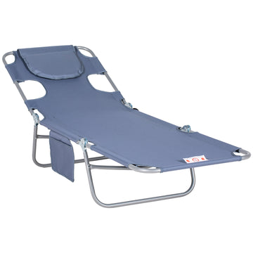 Outsunny Folding Beach Lounge Chair With Face Hole And Arm Slots, 5 Level Adjustable Sun Lounger Tanning Chair With Pillow For Patio, Garden, Beach, Pool, Gray Gray Oxford Fabric