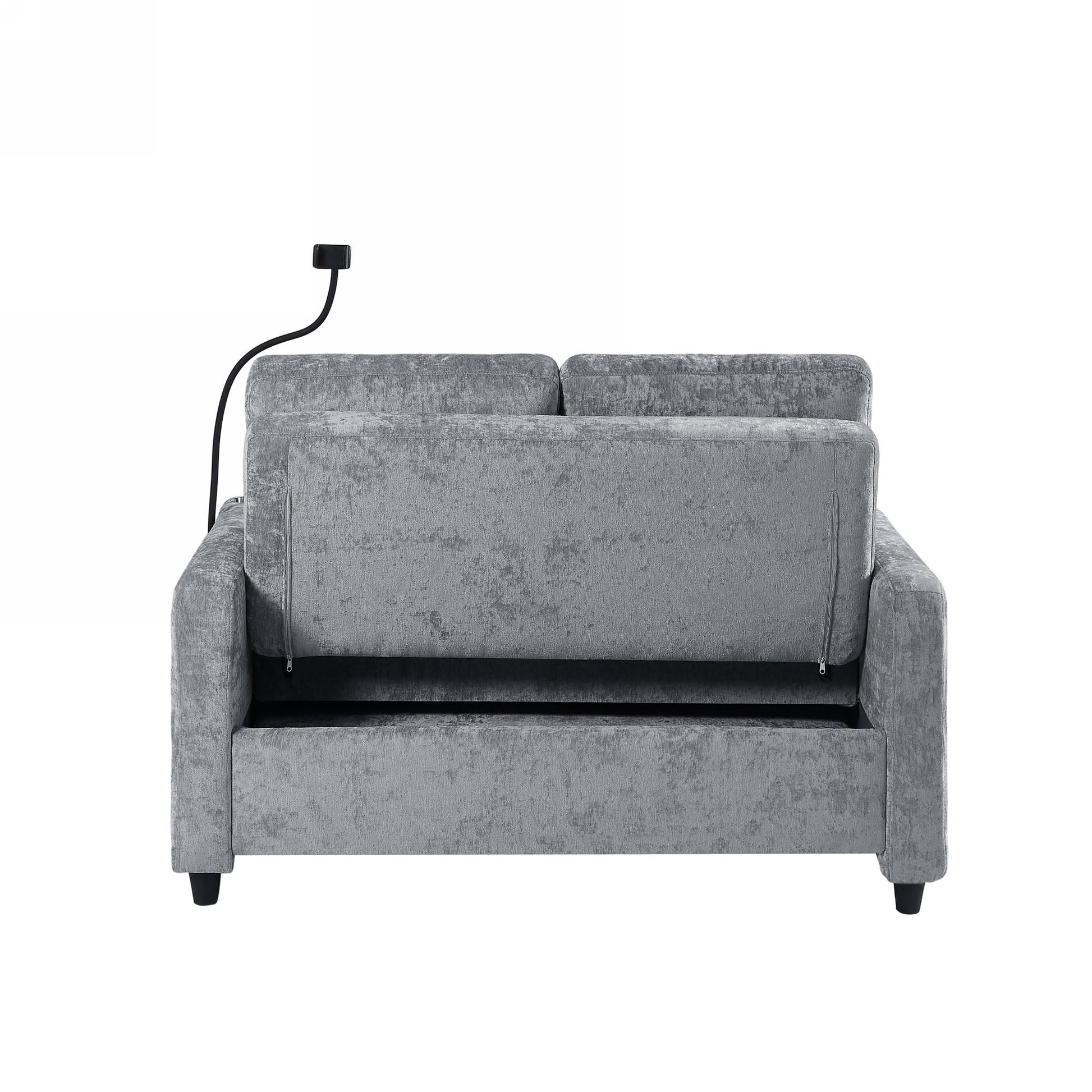 53.9" Modern Loveseat Pull Out Sofa Bed With Adjustable Backrest, Two Cup Holdersa Phone Holder, Three Charging Ports And Side Storage Pockets For Living Room, Grey Grey Foam Chenille