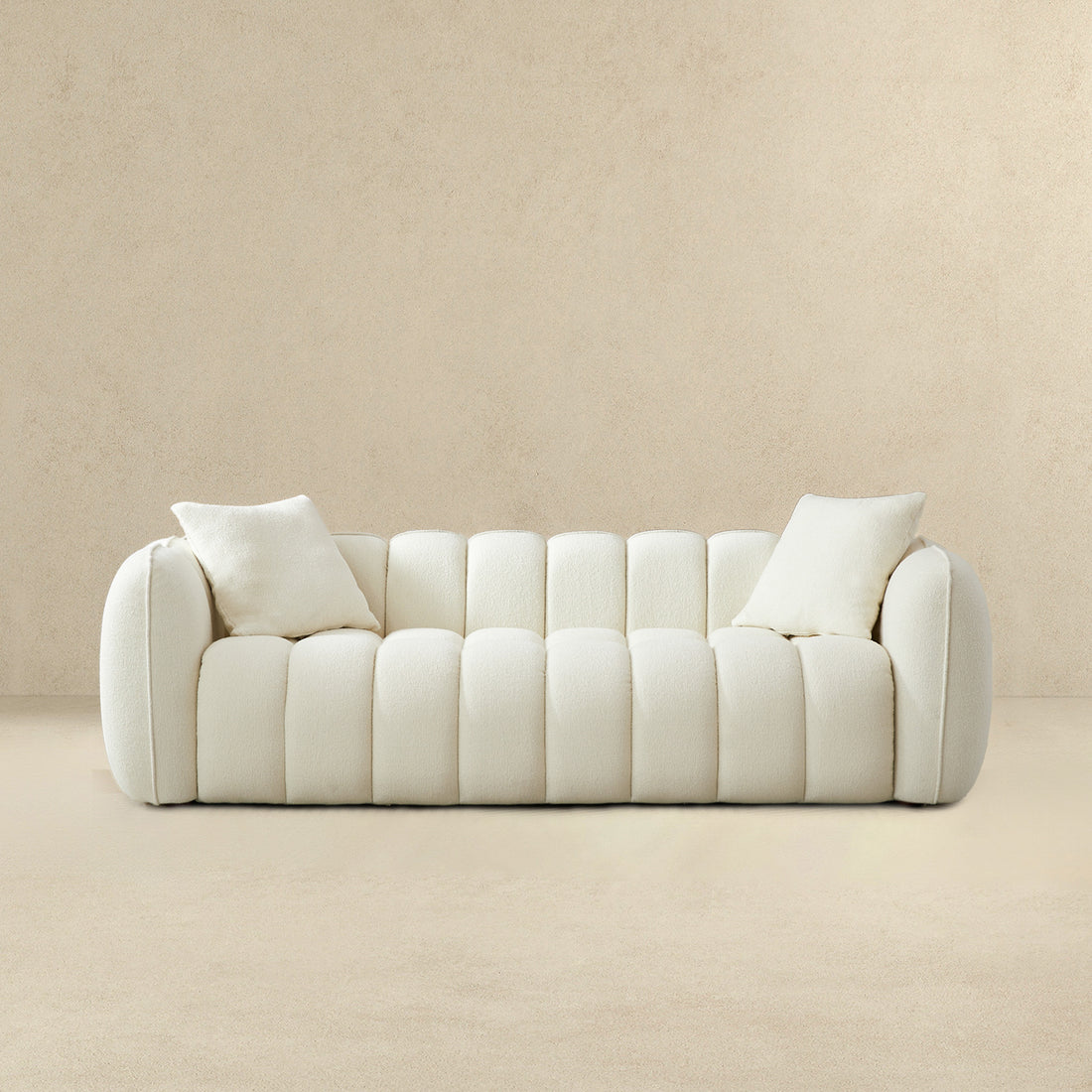 Marissa Sofa Cream Boucle Cream,White Wood Tufted Back Mid Century Modern Boucle,Solid Wood 3 Seat