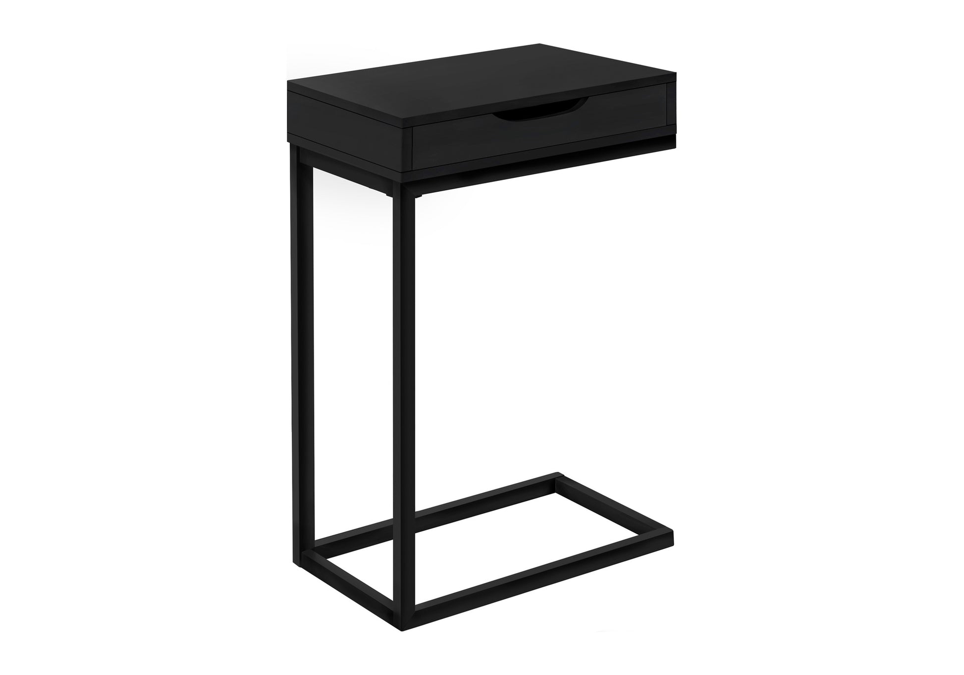 Accent Table, C Shaped, End, Side, Snack, Storage Drawer, Living Room, Bedroom, Black Laminate, Black Metal, Contemporary, Modern Black Metal