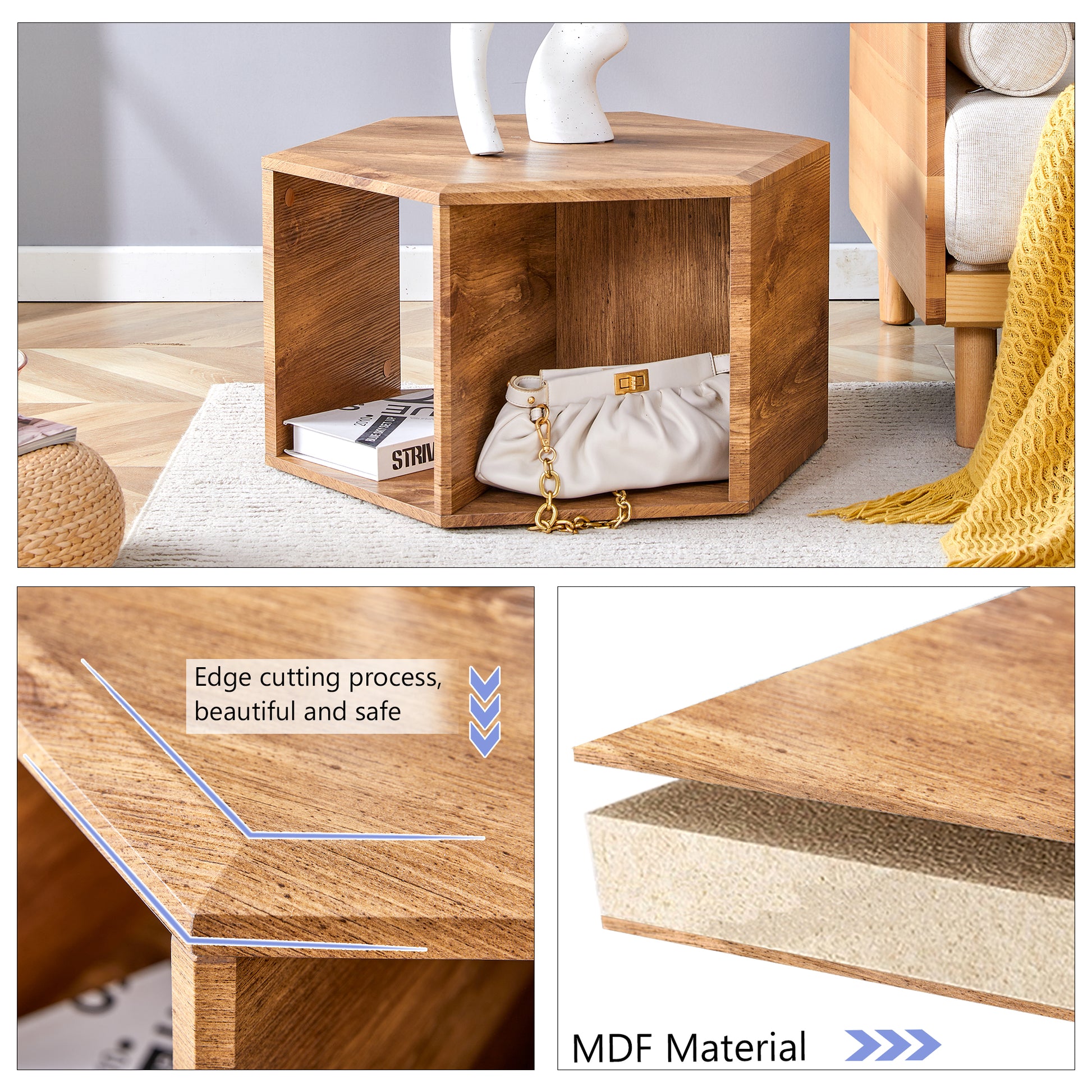 Hexagonal Mdf Coffee Table, Characteristic Pattern Stickers, Multi Hole Design To Give More Storage Space, Simple And Convenient Design Makes It Suitable For All Kinds Of Style Scenes. Wood Mdf