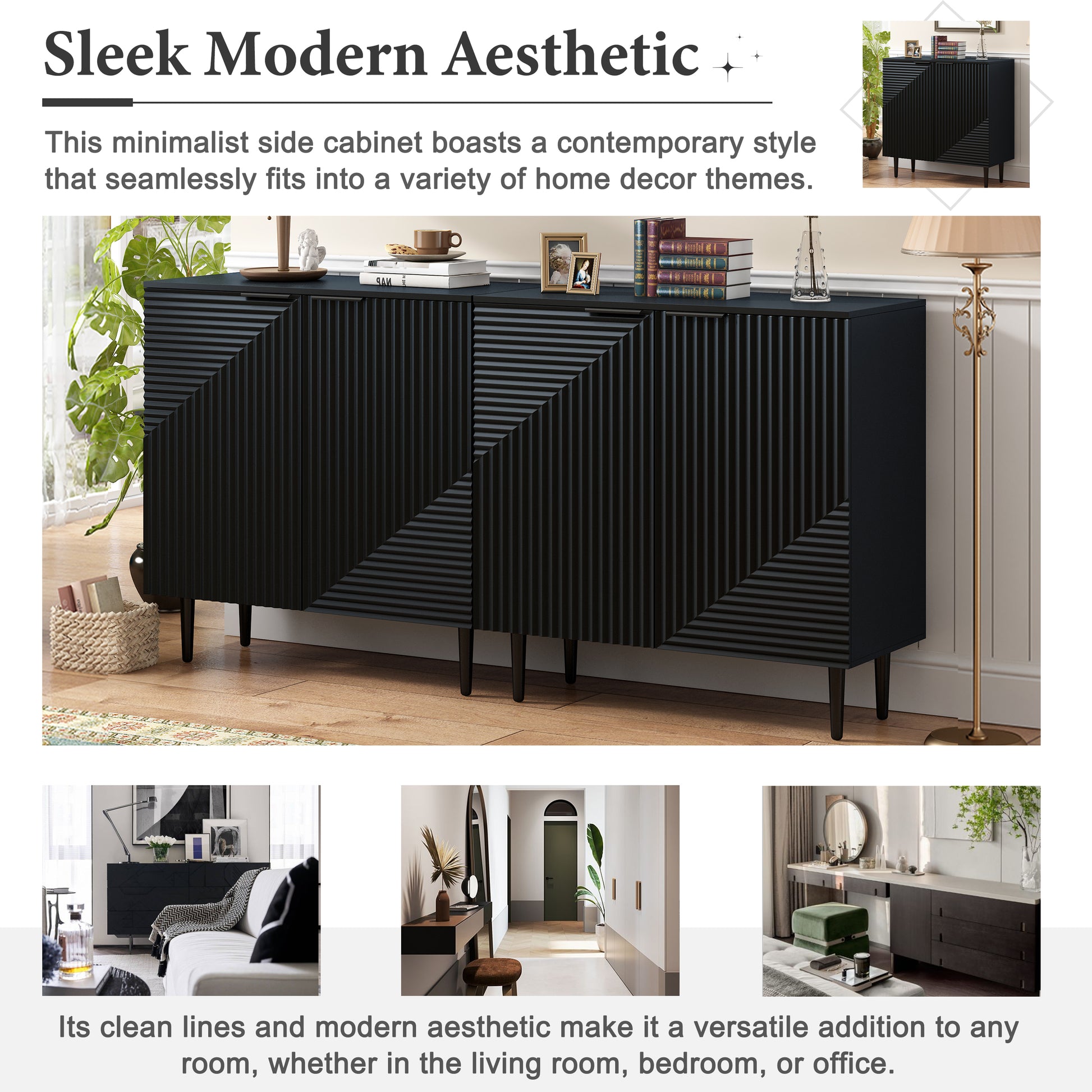 Mirod Modern Minimalist Side Cabinet With Adjustable Shelves ,Stylish Geometric Door Design,Ample Storage Space For Any Home Decor Black Mdf