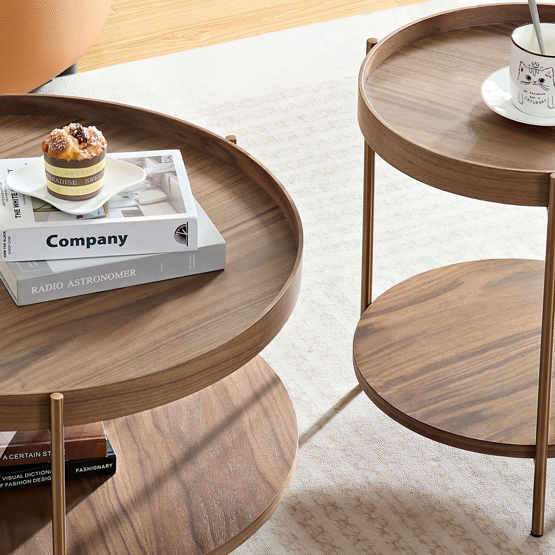 2 Piece Modern 2 Tier Round Coffee Table Set For Living Room,Easy Assembly Nesting Coffee Tables, End Side Tables For Bedroom Office Balcony Yard,Walnut Mdf Walnut Mdf Metal