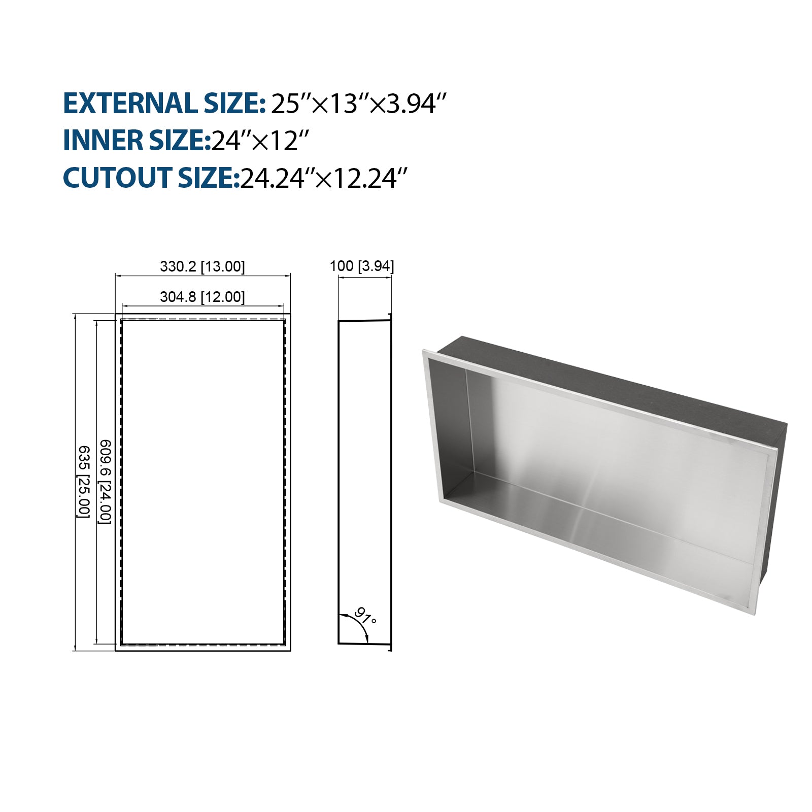 25" X 13" Stainless Steel Shower Niche, Brushed Nickel Brushed Nickel Stainless Steel