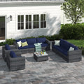 8 Person Wicker Seating Group With Sunbrella Cushions Fully Assembled Grey Mix,Navy Blue Wicker