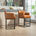 Coolmore Counter Height Bar Stools Set Of 2, Modern Barrel Bar Stool With Backrest And Arms, Black Metal Frames, Upholstered Bar Stools For Kitchen Island, Pub, Club Light Brown Foam Pu Leather