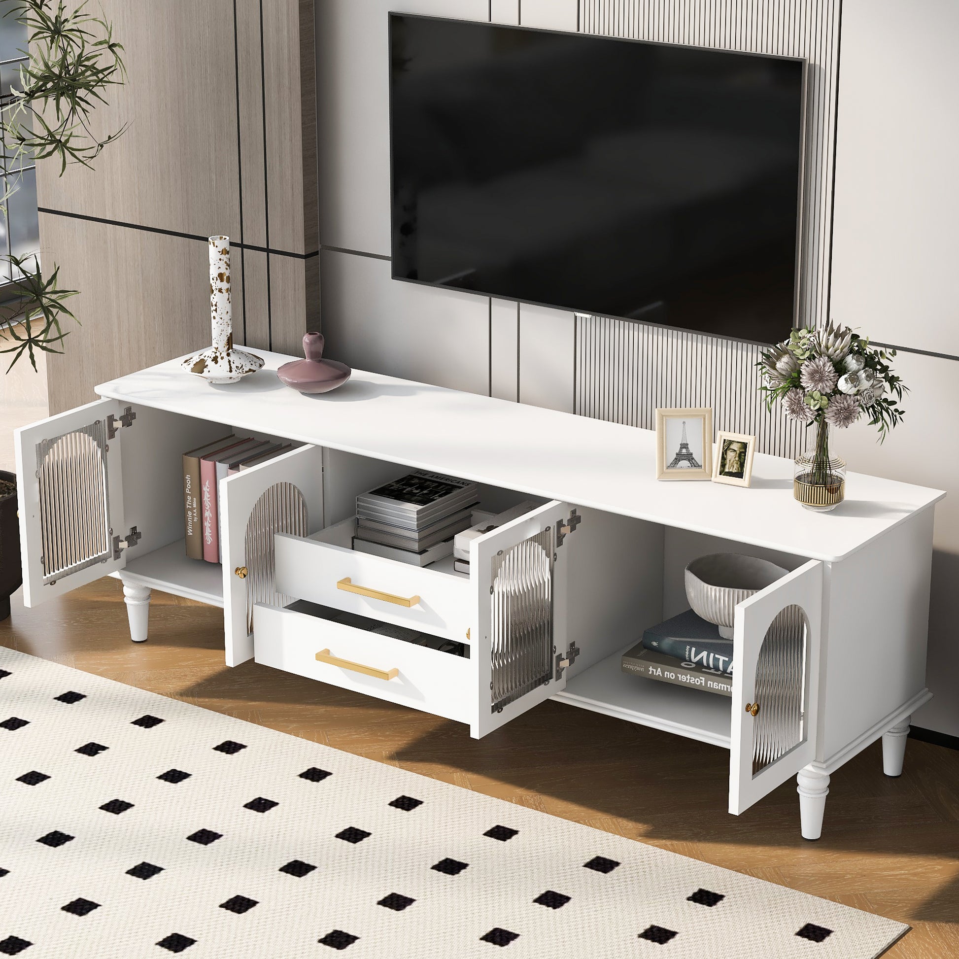 68.9'' Retro Tv Stand For Tvs Up To 75 Inches, Entertainment Center Media Console With Fluted Glass Doors And Five Solid Wood Legs For Living Room White 70 79 Inches Mdf