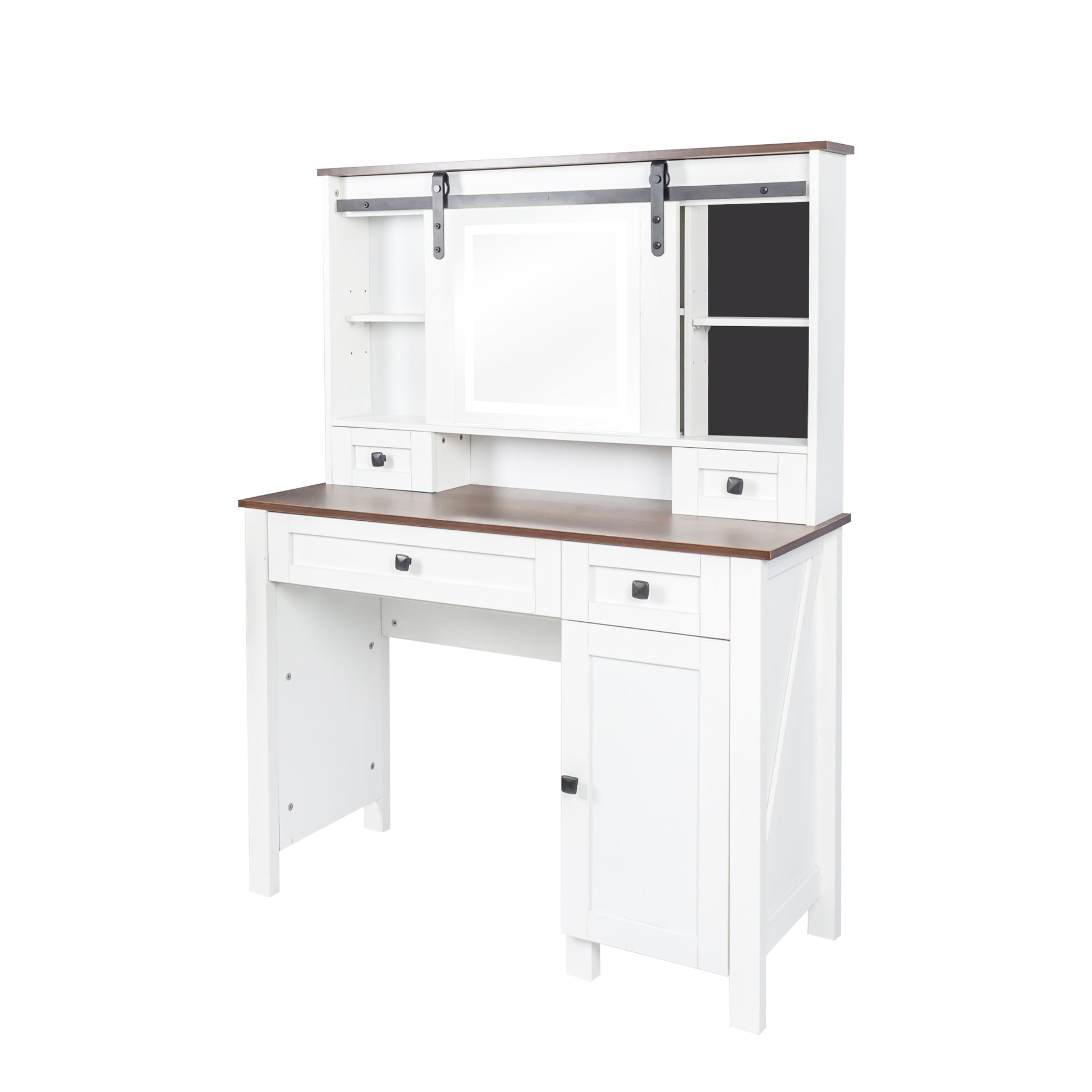 Farmhouse Makeup Vanity With Mirror And Lights,41.73" Wide Vanity Desk ,Vanity Table With 4 Drawers And 1 Cabinet,3 Color Modes, Dressing Table For Bedroom White Walnut Particle Board Mdf