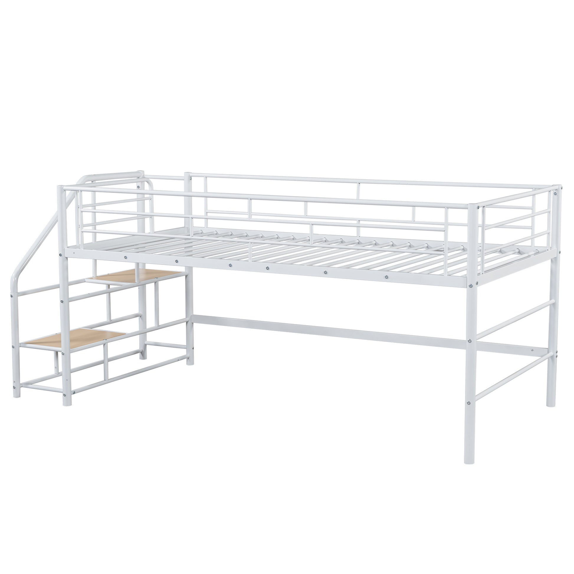 Mid Loft Bed With Storage Stairs, Twin, White Twin White Mdf Metal