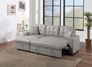 Light Gray Faux Leather Convertible Sectional Sofa Pull Out Bed Couch Storage Chaise Tufted Reversible 2Pc Sectional Living Room Light Gray Primary Living Space Tufted Back Contemporary,Modern L Shaped Square Arms Faux Leather 4 Seat