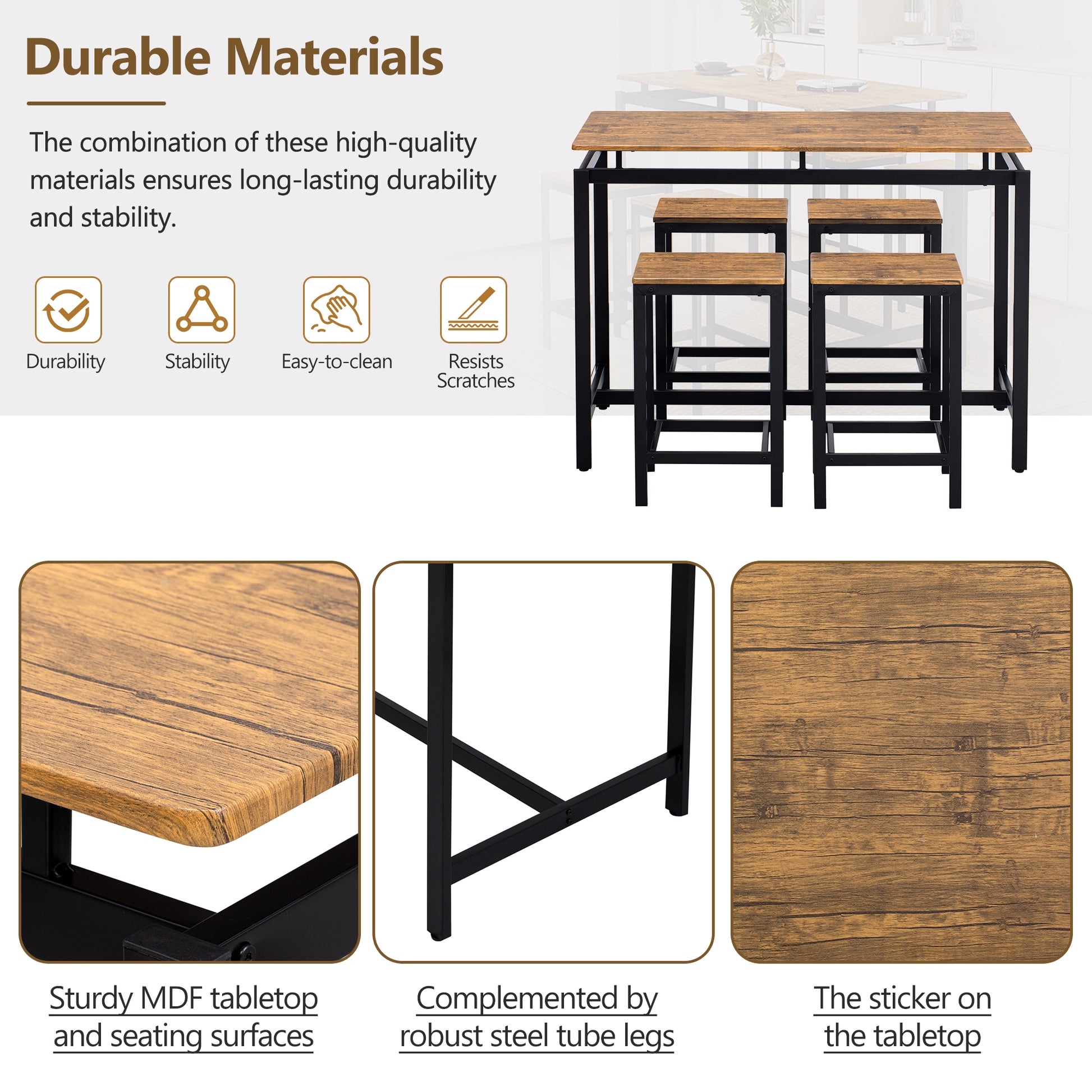 5 Piece Compact Bar Table Set With Table And Stools Modern Industrial Design, Space Saving Furniture For Dining Room And Breakfast Nook Brown Brown Mdf Steel