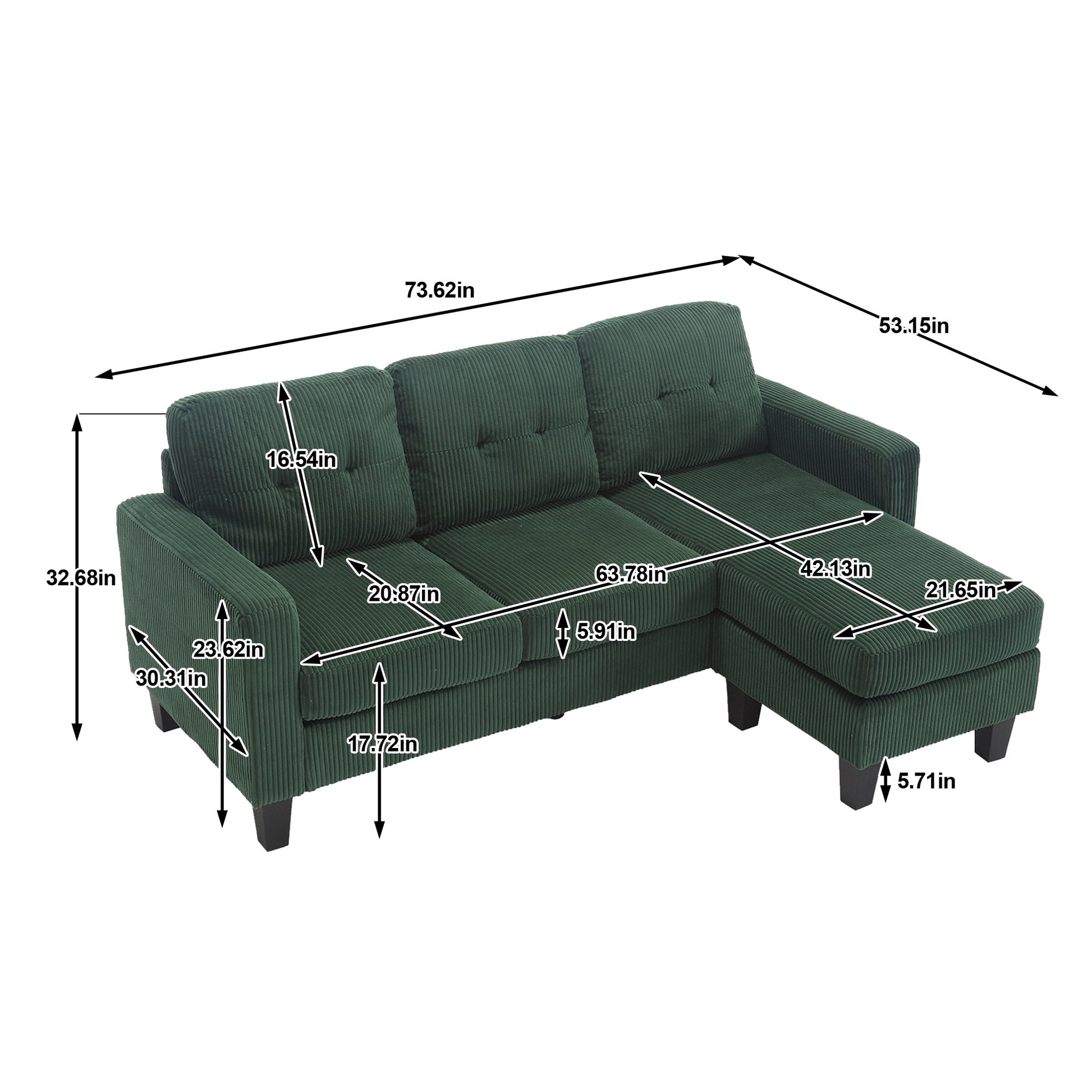 Velvet Sectional Couchl Shaped Sofa With Ottoman For Small Apartment Emerald Velvet 3 Seat