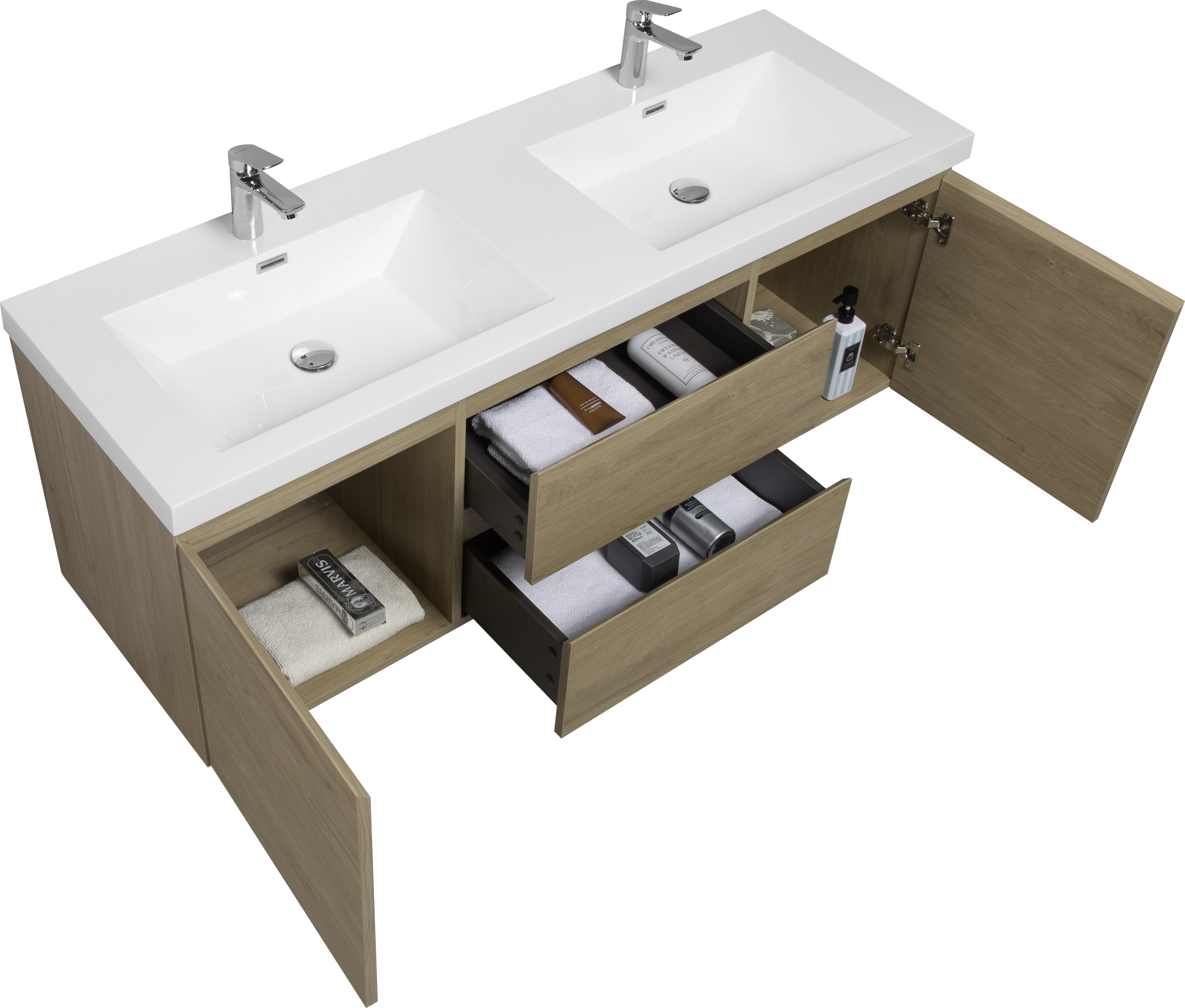 60" Floating Bathroom Vanity With Sink, Modern Wall Mounted Bathroom Storage Vanity Cabinet With Double Resin Top Basins And Soft Close Drawers, Natural Oak 24V11 60Dno Oak Wood