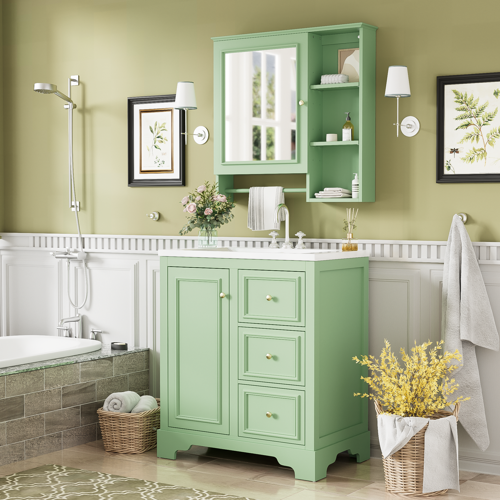 30 Inch Bathroom Vanity With Sink, Modern Elegant Bathroom Storage Cabinet With 3 Drawers And Adjustable Shelves, Freestanding Vanity Set With Mirror Cabinet, Single Sink Bathroom Vanity Green Bathroom Solid Wood Mdf Glass