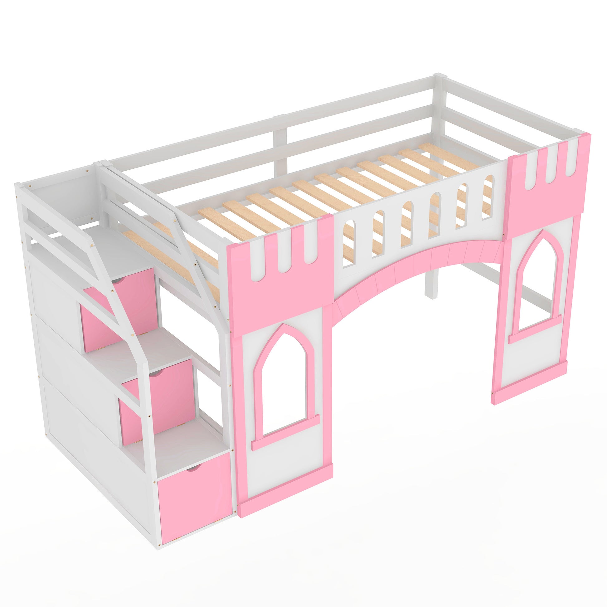 Twin Size Loft Bed With Storage Staircase And Window, Pink Box Spring Not Required Twin Pink Wood Bedroom Solid Wood Mdf