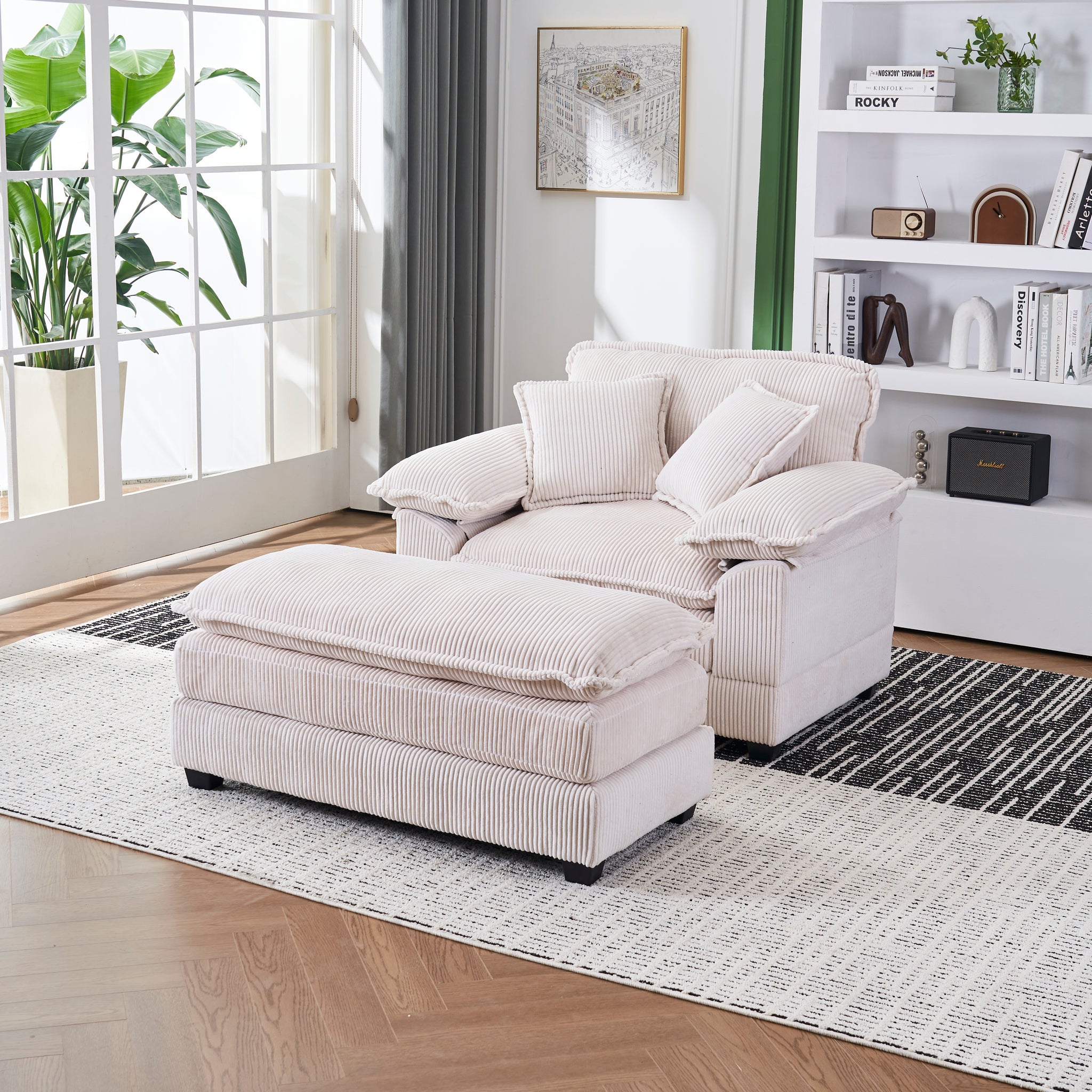 56.3 Inch Corduroy Single Sofa With 2 Toss Pillows And A Ottoman ,Comfy Sofa Deep Seat Couch For Living Room White Foam 1 Seat