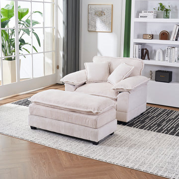 56.3 Inch Corduroy Single Sofa With 2 Toss Pillows And A Ottoman ,Comfy Sofa Deep Seat Couch For Living Room White Foam 1 Seat