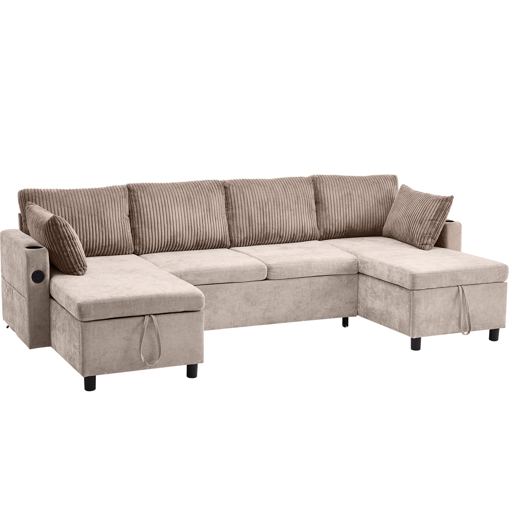 111.8" Sectional Sofa Pull Out Sofa Bed Versatile Sofa Sleeper With Large Storage Space, Two Usb Ports And Two Cup Holders For Living Room, Brown Brown Foam Chenille 4 Seat