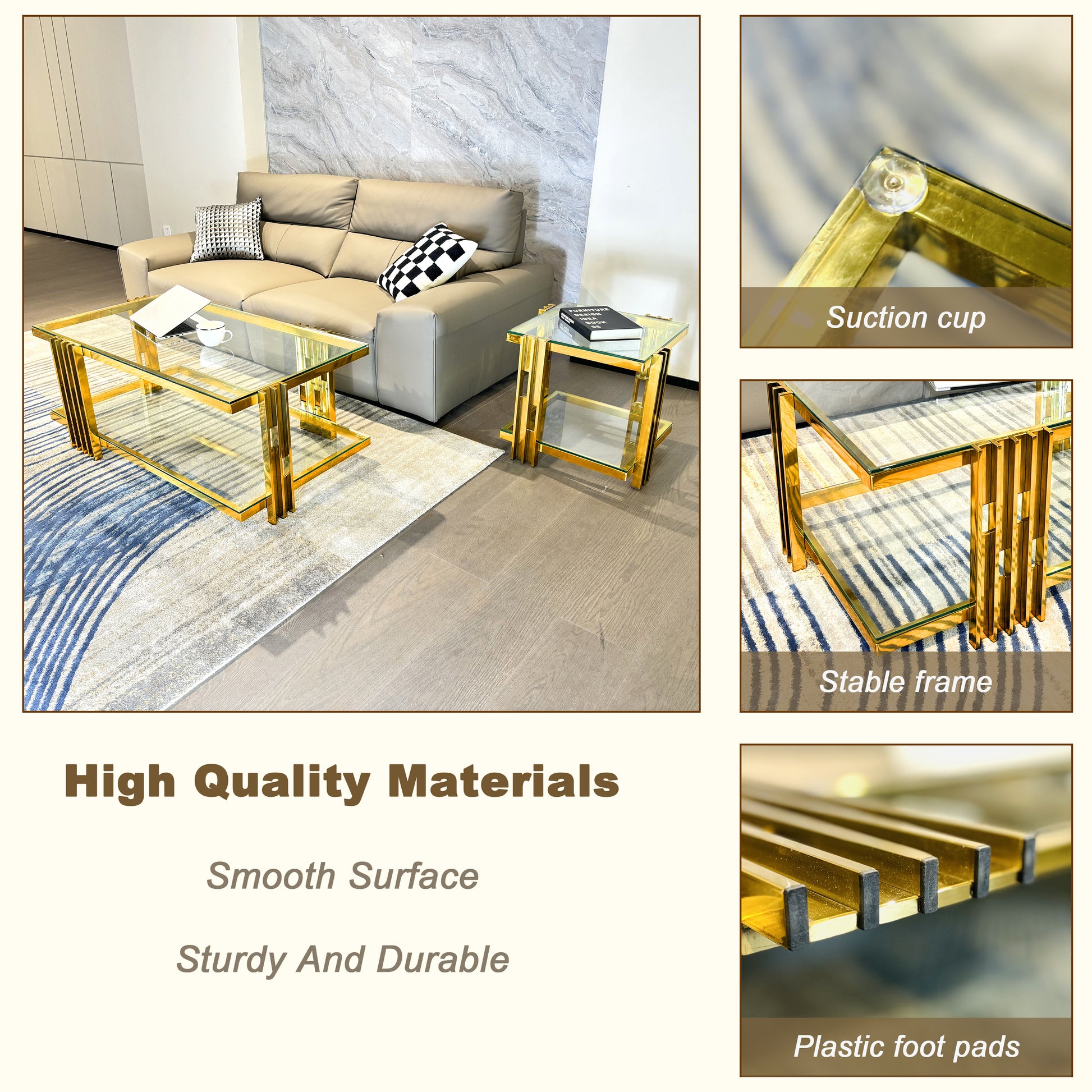 Golden Stainless Steel End Table, Double Layer, Clear Tempered Glass End Table, For Bed Room, Living Room Clear,Gold Modern Open Storage Rectangular Stainless Steel,Tempered Glass