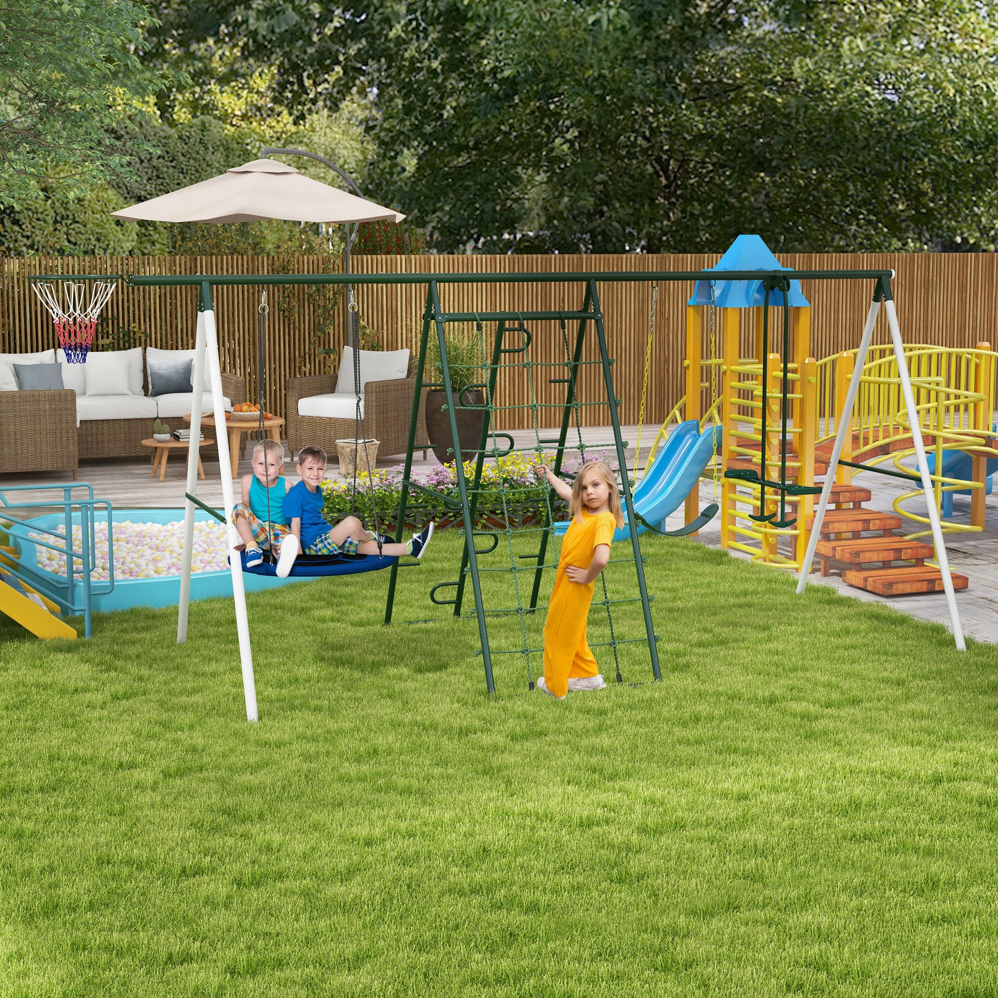 Outsunny 528 Lbs Swing Set For Backyard, 5 In 1 Heavy Duty A Frame Stand Outdoor Playset For Kids, With Saucer Swing, Slide, Swing Seats, Glider, Basketball Hoop, Climbing Steps And Net Green Steel