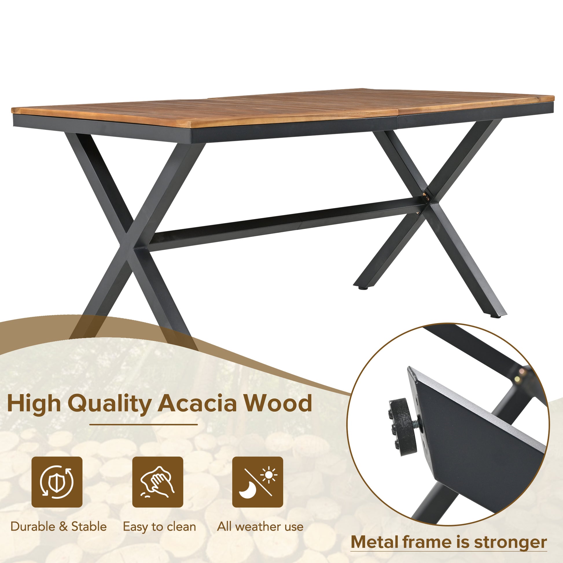 7 Pieces Patio Dining Set, All Weather Outdoor Furniture Set With Dining Table And Chairs, Acacia Wood Tabletop, Metal Frame, For For Garden, Backyard, Balcony, Grey Yes Grey Seats 6 Garden &