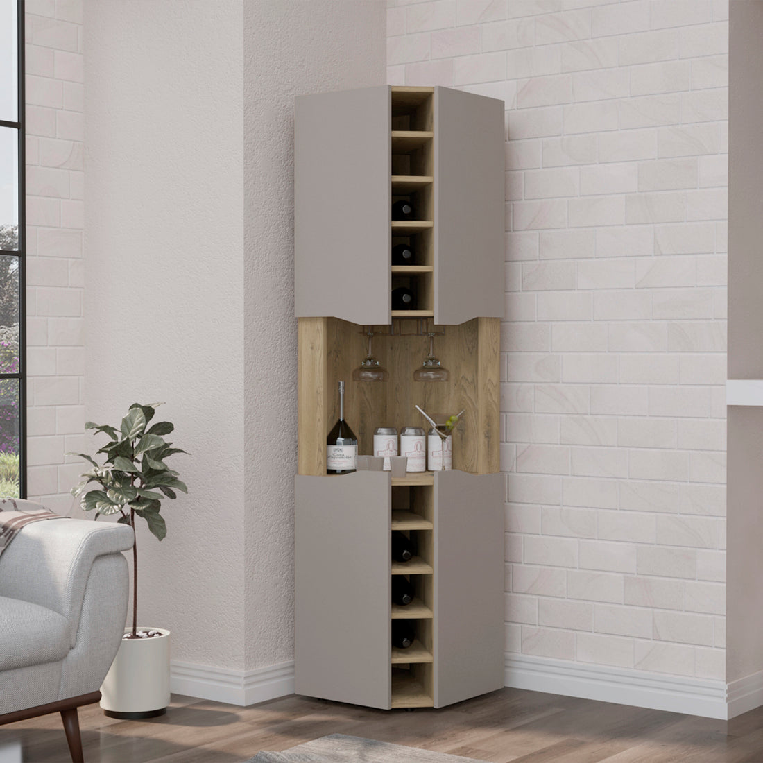 Obregon Corner Bar Cabinet, Ten Built In Wine Rack, Single Door Macadamia Taupe Taupe Natural Kitchen Modern Particle Board