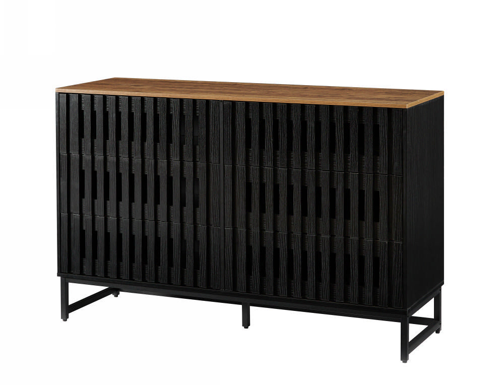 6 Drawer Double Dresser With Slatted Grille Striped Drawer, Modern Style Dresser, High Quality Mdf And Metal Leg Black Brown Mdf