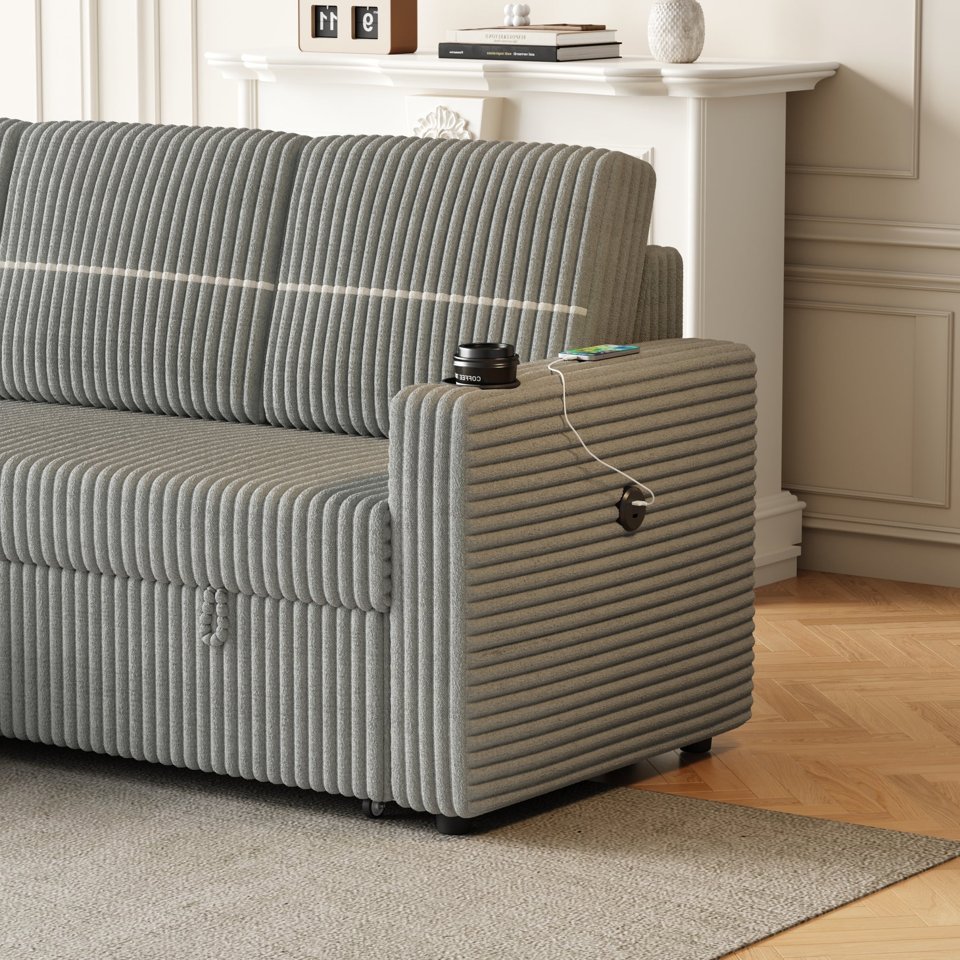 85 Inches Corduroy Sofa Bed, 3 Seater Sleeper Sofa With Storage Chaise, Square Handrail With Two Cup Holder And Usb Charge Port, Pull Out Couch For Living Room Light Grey Corduroy 3 Seat